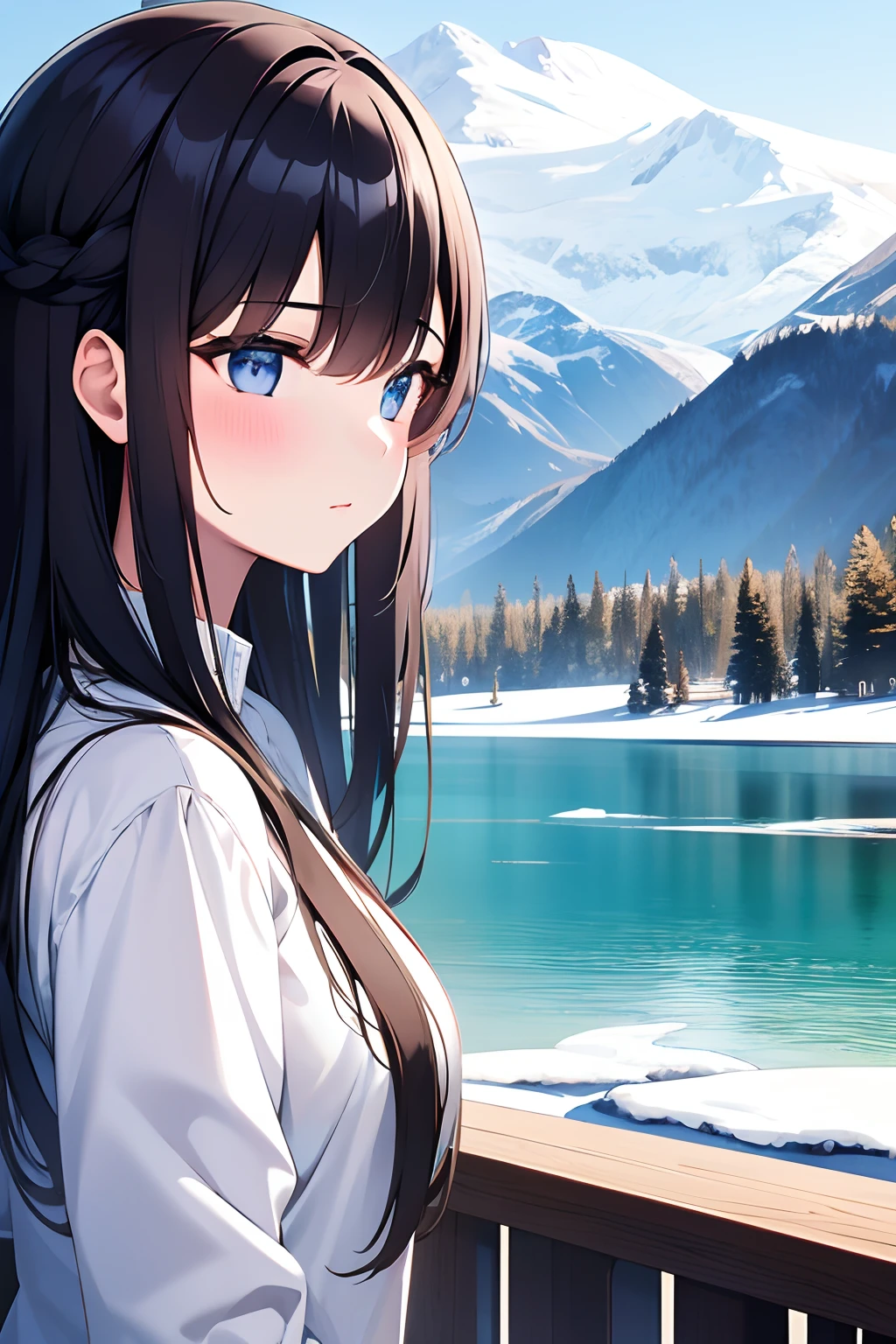 18-year-old girl, Close-up, lakeside, there are snow-capped mountains in the distance,