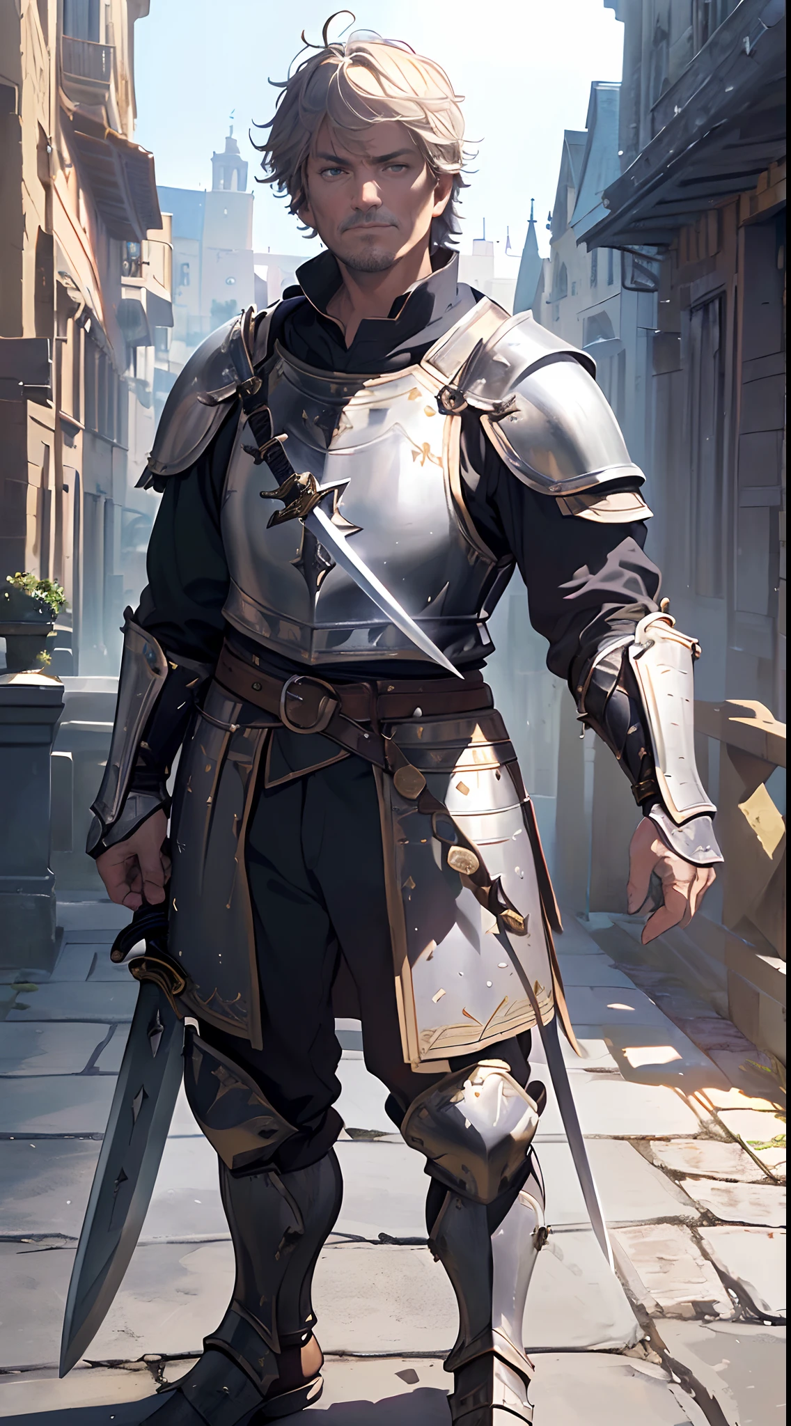 Solo，Absurd resolution、hight resolution、(​masterpiece:1.4)、ultra-detailliert、(Detailed finger),((One middle-aged man)),((Knights))、((Nightman)),Fantasy costume,Original Character,((Wearing armor))、((Heavy armor、breastplates)),(With a Western sword:1.5),((Costumes of medieval Europe)),, (Facing:1.2),(Full body portrait),(Standing:1.3),((white backgrounid:1.4))