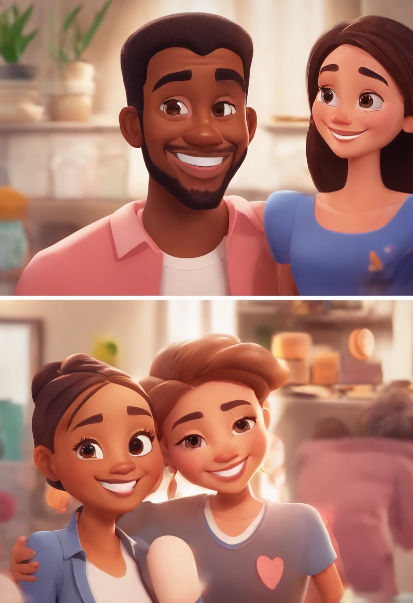 An illustration of an adorable couple, Highlight for a chubby mulatto man with glasses smiling and a brunette woman with beautiful expressive eyes - the man's skin is mulatto and the man's hair haswhile the woman's skin is black and the woman's hair is straight and brown. They are a bright room, cada um com um sorriso no rosto, e compartilhar um momento especial caracterizado pelo amor, Insights. Illustrate this scene from a perspective where they are facing the camera, Smiling and Showing Your Connection. Desenvolva esta arte em Full HD, Focus on your cinematic touch, Estilo Disney Pixar Animations