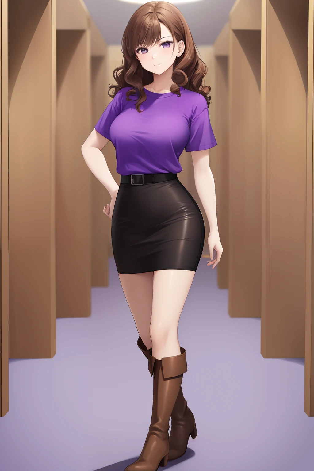 masterpiece,colorful,best quality,solo,1girl,teenager,hazel eyes, highres, looking at viewer,standing, (purple t-shirt, short sleeves, black pencil skirt, brown knee high boots, heeled boots), brown hair, curly hair, hands in pockets, full body, clone lab, clones growing in tanks