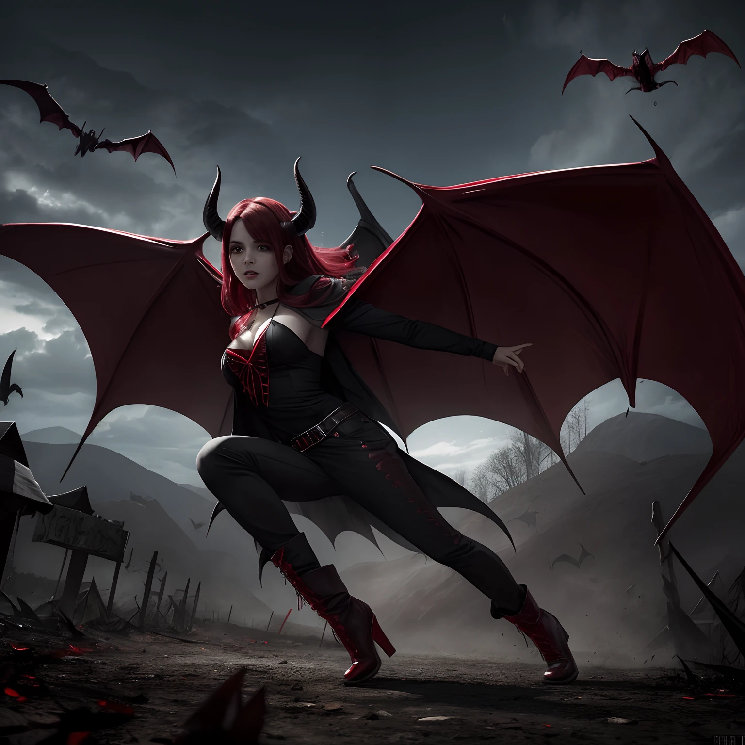 una vampiresa sensual, volando en el cielo, Flying and flapping its long bat wings, cerca de las nubes, con un vestido revoloteando mostrando las piernas, medias negras de red y tacones. Abajo hay Un grupo de zombies, con pantalones cortos rasgados, y camisetas rotas, deambula en carretera, lo que hace que la bruja no pueda mantener un camino recto. A giant, red-eyed spider chases the vampire to the ground, una diablesa, con un vestido ajustado de cuero rojo, maquillaje ardiente, Black horns and red wings fly behind the vampire. 
All of them are directed in the direction of the camera.