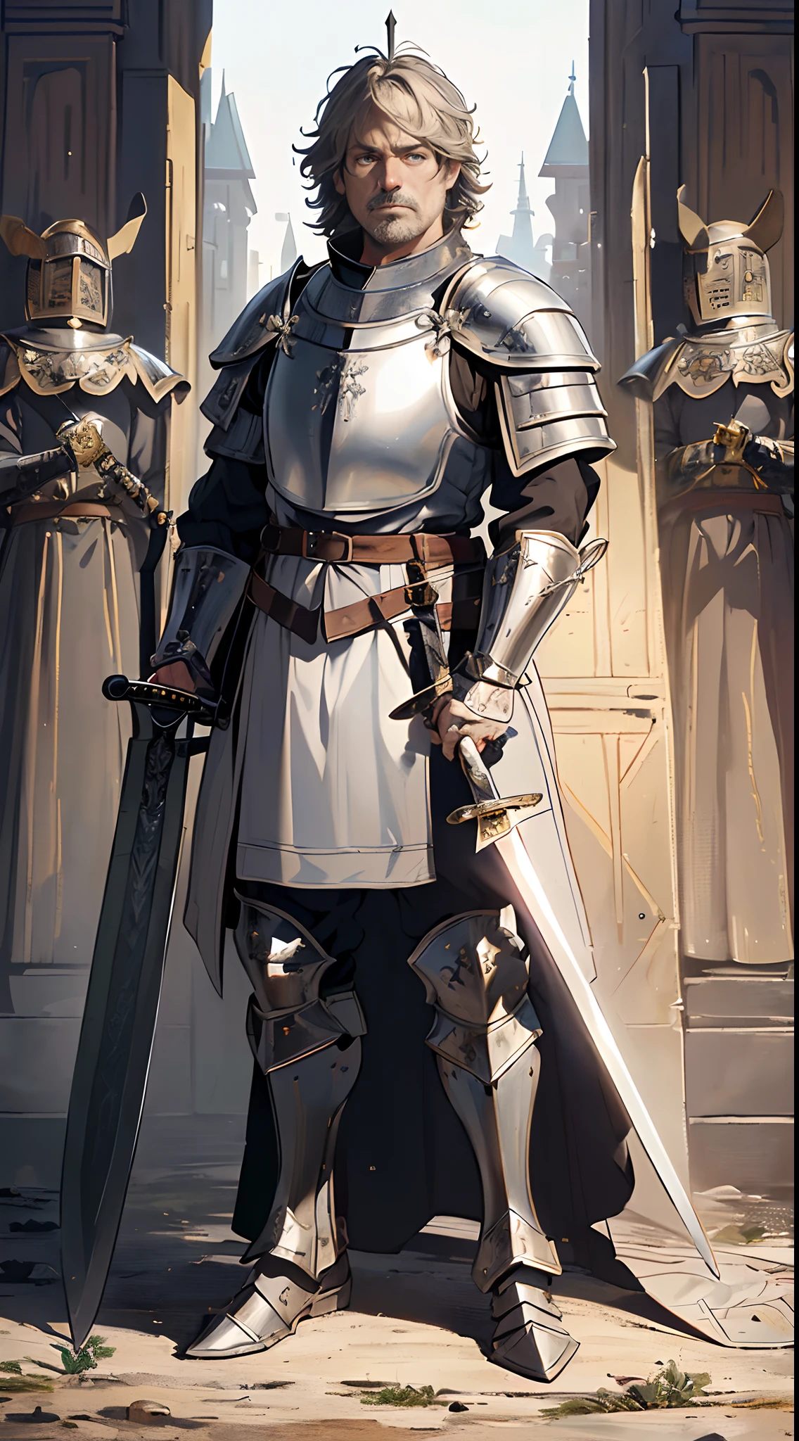 Solo，Absurd resolution、hight resolution、(​masterpiece:1.4)、ultra-detailliert、(Detailed finger),((One middle-aged man)),((Knights))、((Nightman)),Fantasy costume,Original Character,((Wearing armor))、((Heavy armor、breastplates)),(With a Western sword:1.5),((Costumes of medieval Europe)),, (Facing:1.2),(Full body portrait),(Standing:1.3),((white backgrounid:1.4))