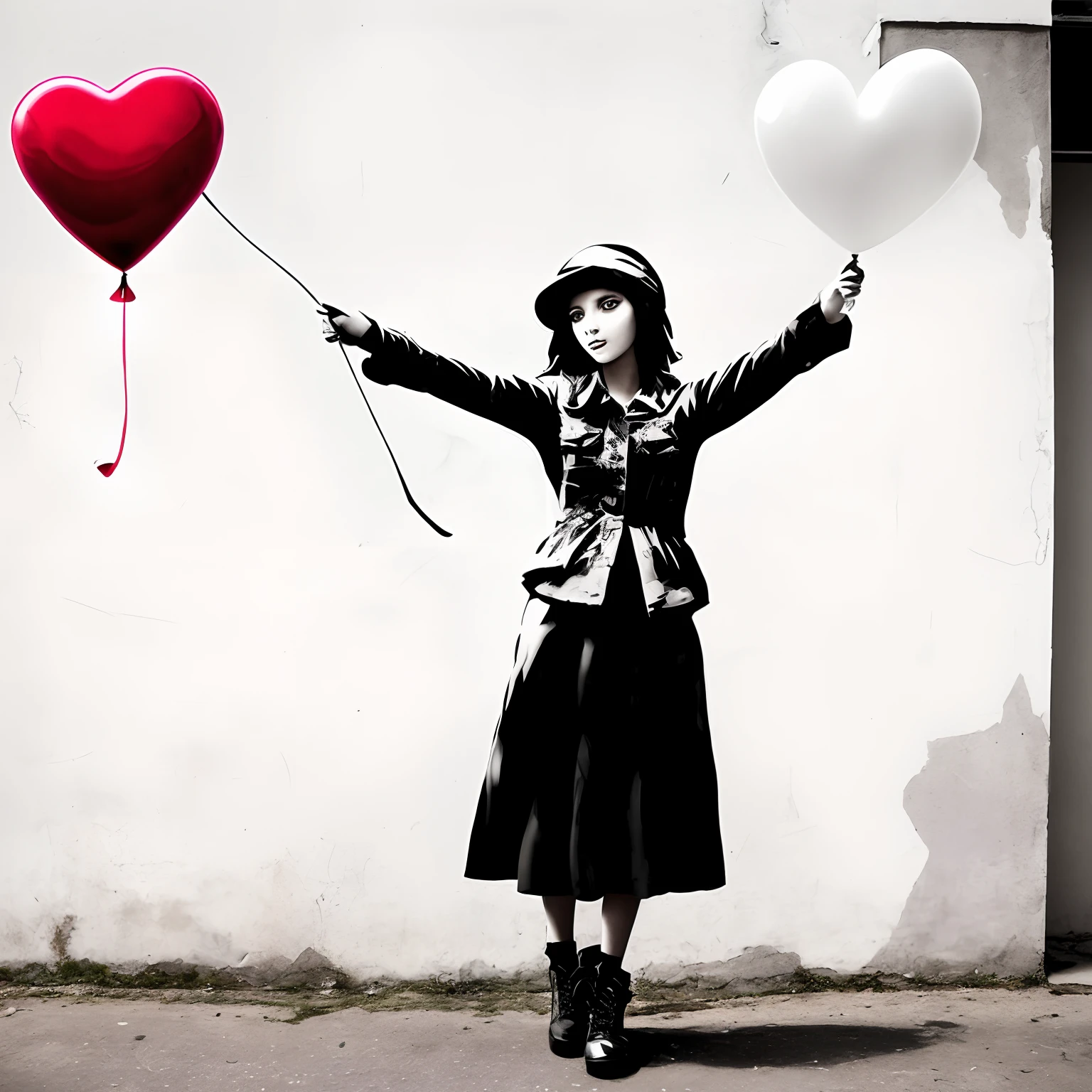 arafed image of a girl holding a red balloon in the shape of a heart, inspired by Banksy, banksy graffiti, urban graffiti banksy, by Banksy, style of banksy, holding a balloon, balloon, baloons, modern street art, street art, man holding a balloon, inspiring art, urban art, grunge art, streetart, gorgeous art, simple art