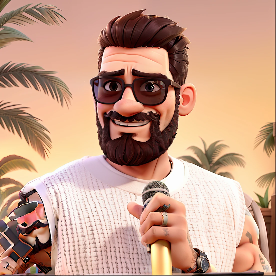 A man with sunglasses and a beard, com tatuagens, and a microphone in his hand, estilo disney pixar, melhor qualidade, 4k