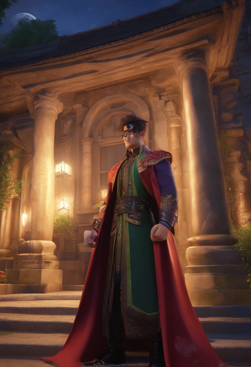 Criar a imagem de um de 20 anos, Thai, Handsome, que tem olhos prateados e brilhantes, He's a sorcerer, Do Narix para cima, He wears a black mask and wears black gala clothes, Behind him, getting up at night, has a Victorian stone mansion. cena noturna