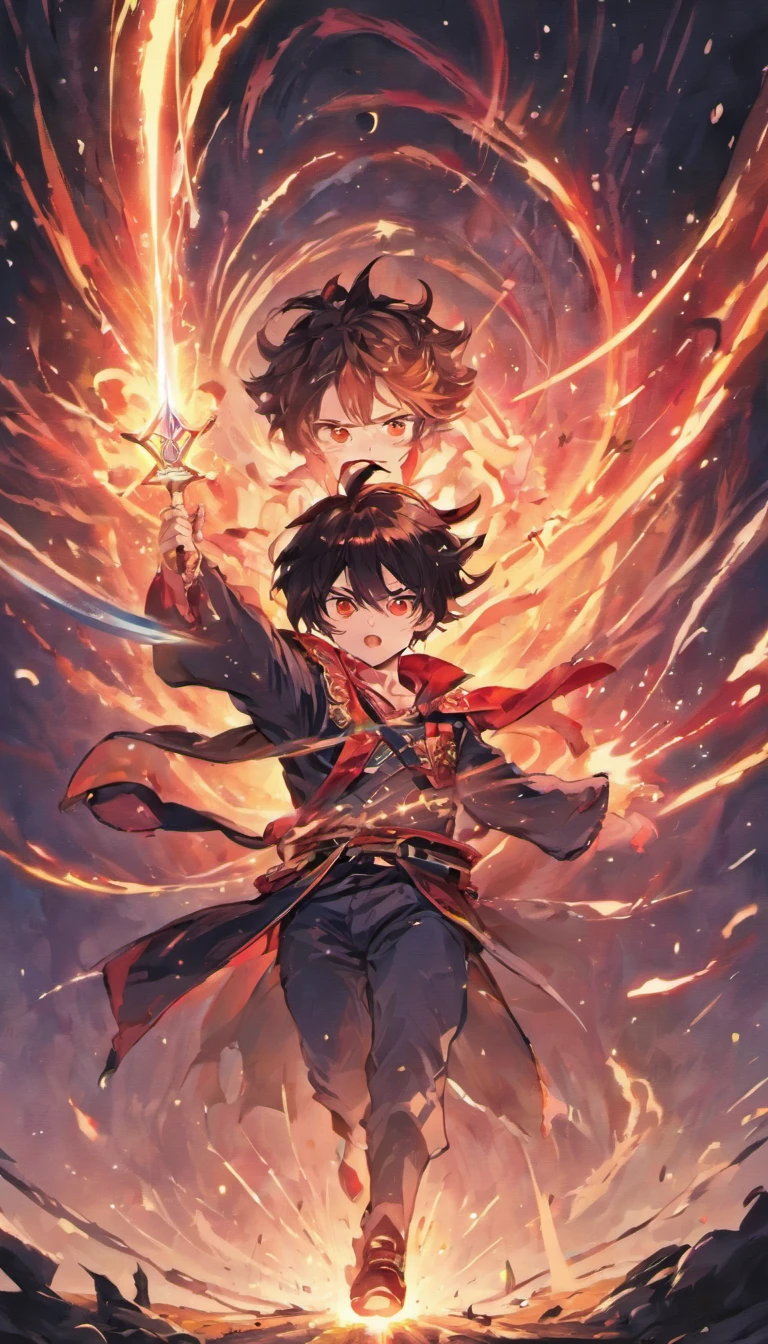 A painting that shows the black-haired, red-eyed protagonist with energy and stimuli of power around him in a sunset of a victory of a great battle with his two swords on the ground, with glowing particles dancing around him and arcane symbols forming in the air