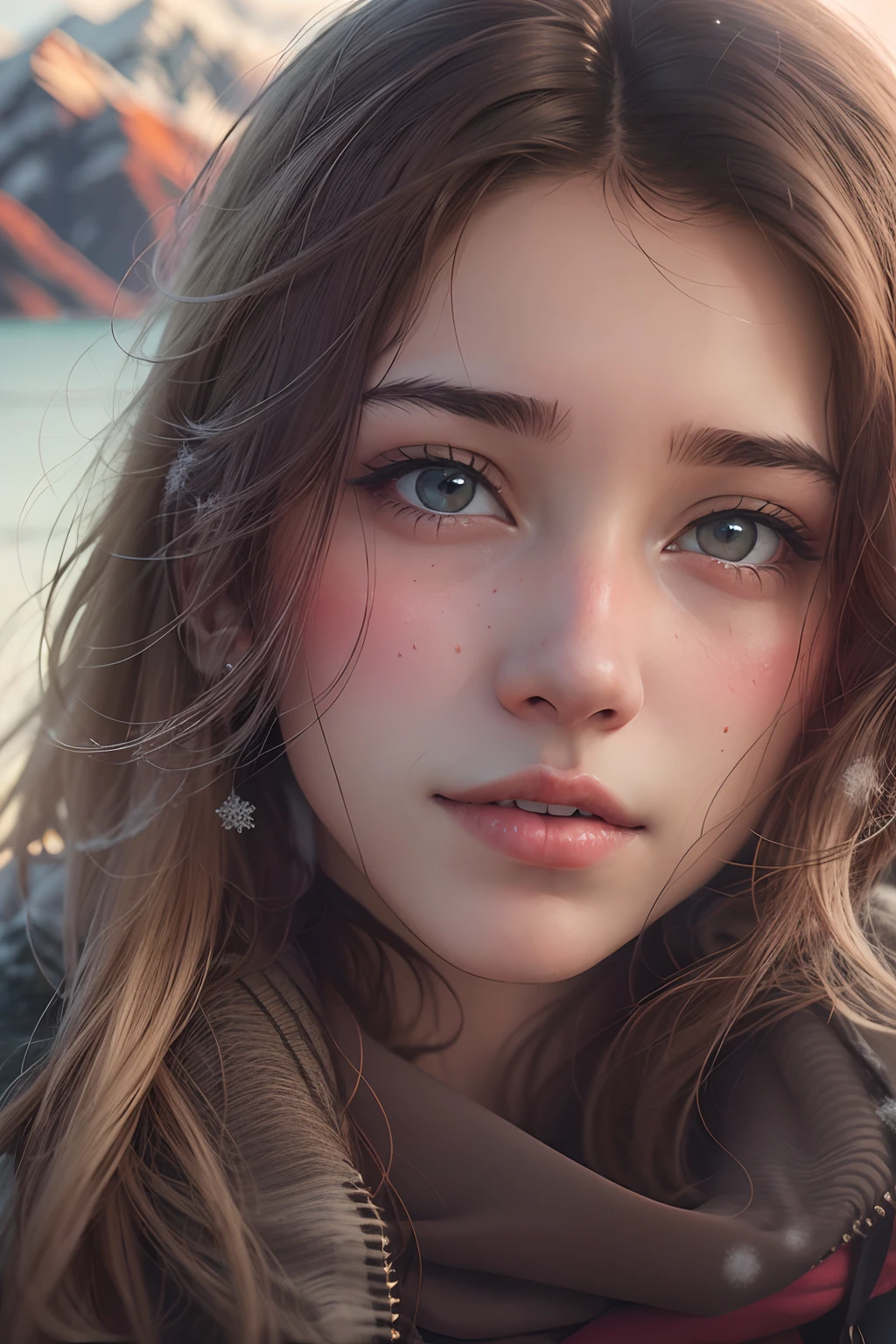 18-year-old girl, Close-up, lakeside, there are snow-capped mountains in the distance,