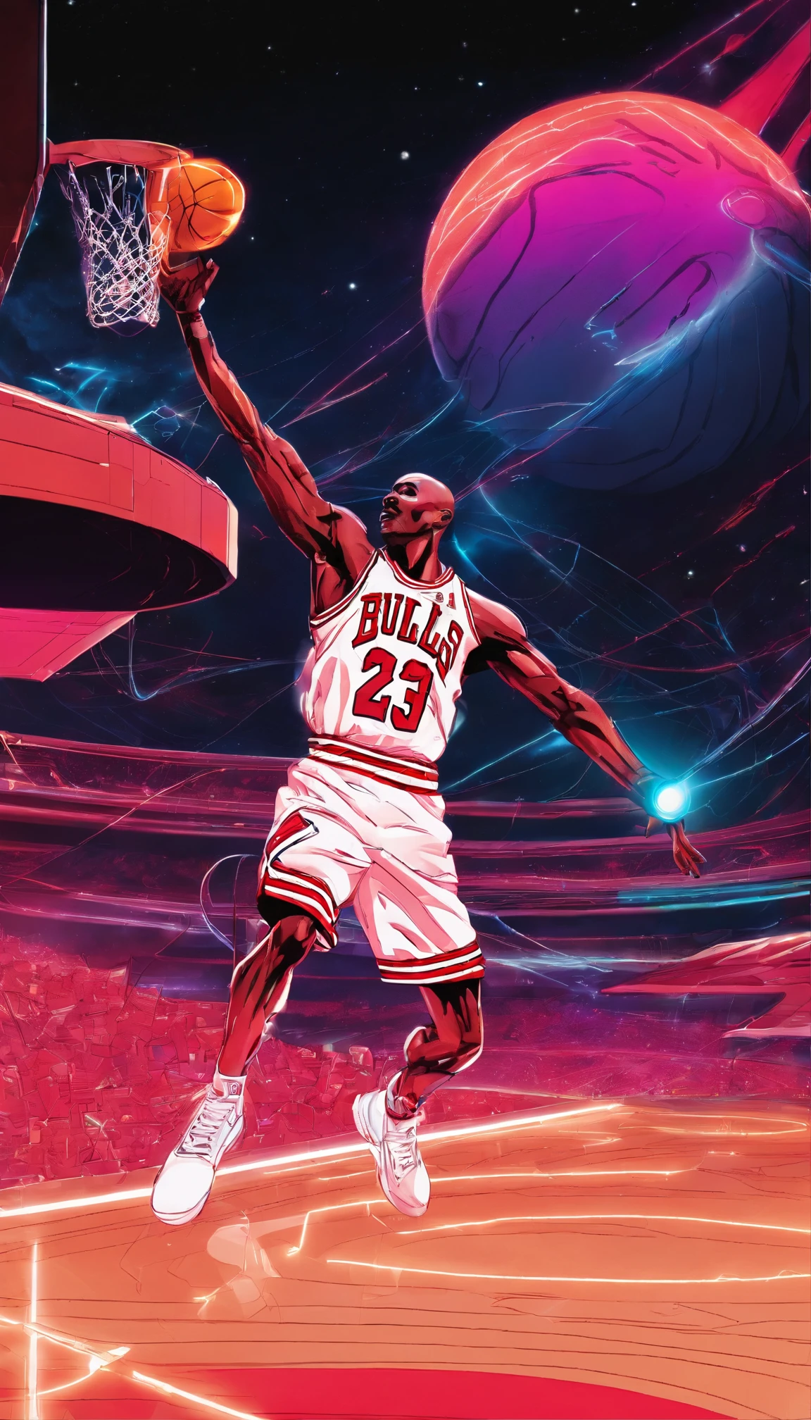 Basketball player Michael jordan with Chicago bulls jersey performing a neon light dunk play on the court Side view