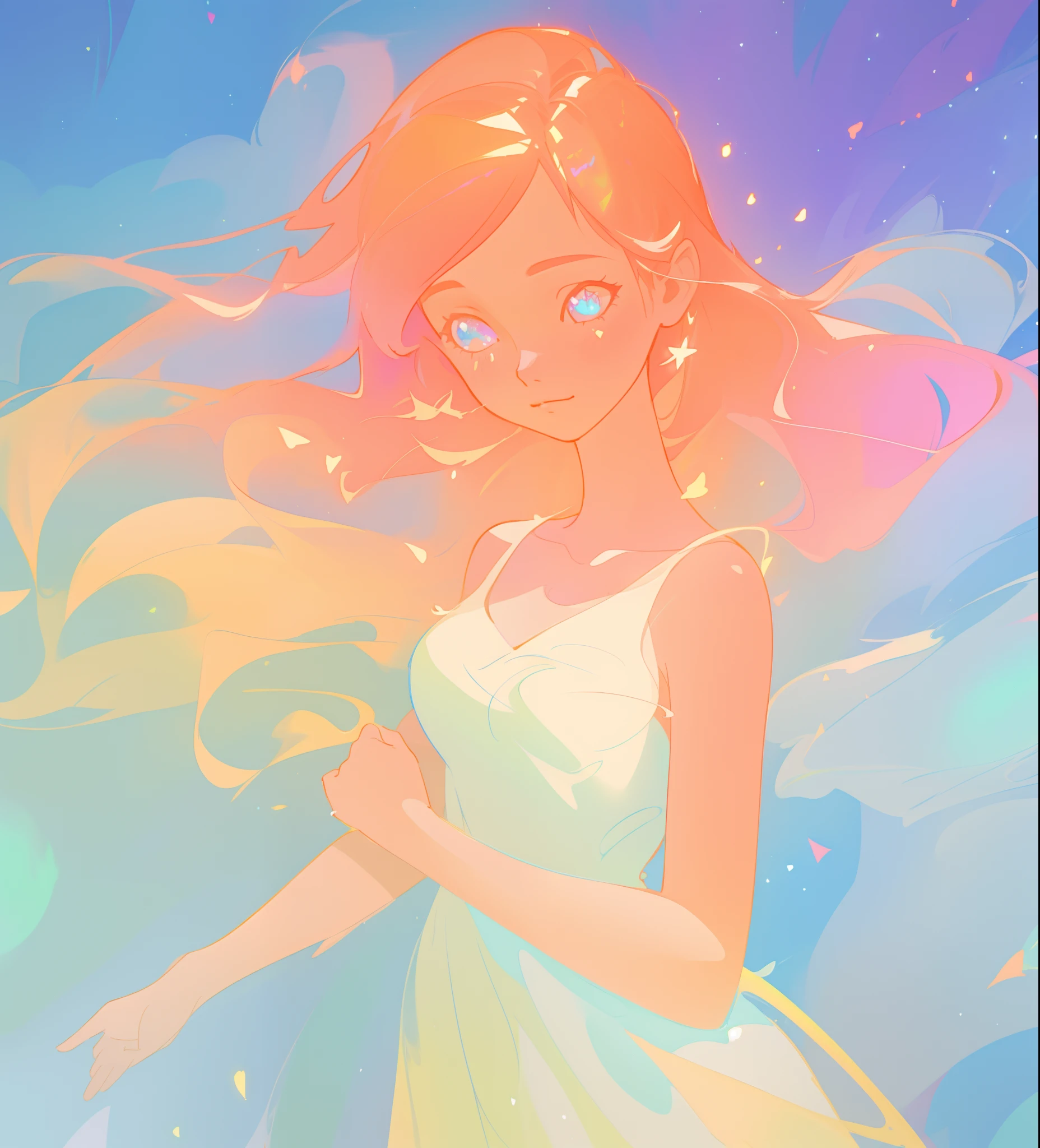 beautiful girl in flowing white dress, vibrant pastel colors, (colorful), magical lights, long flowing colorful peach hair, inspired by Glen Keane, inspired by Lois van Baarle, disney art style, by Lois van Baarle, glowing aura around her, by Glen Keane, jen bartel, glowing lights! digital painting, flowing glowing hair, glowing flowing hair, beautiful digital illustration, fantasia background, whimsical, magical, fantasy, beautiful face, ((masterpiece, best quality)), intricate details, highly detailed, sharp focus, 8k resolution, sparkling detailed eyes, liquid watercolor