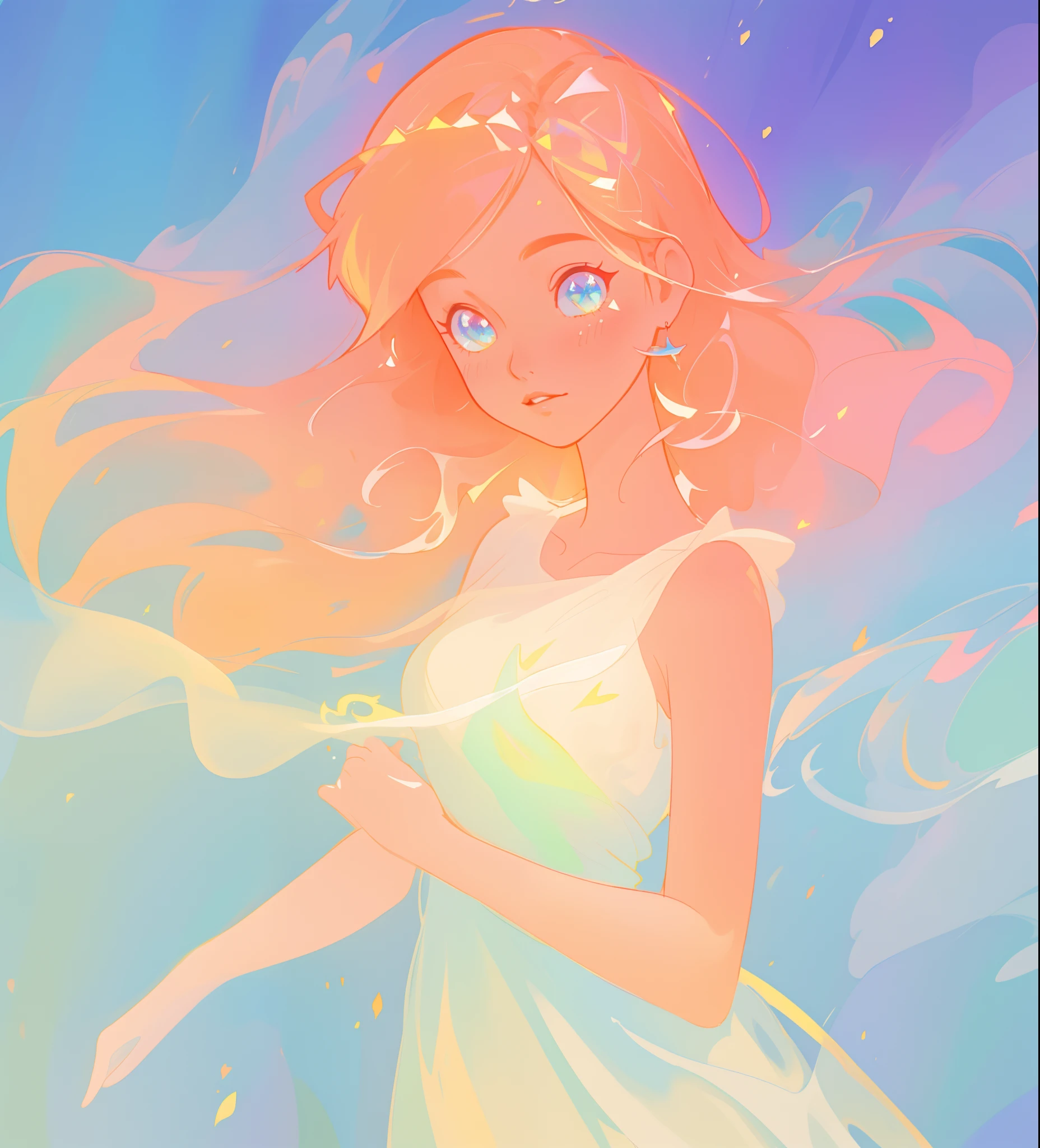 beautiful girl in flowing white dress, vibrant pastel colors, (colorful), magical lights, long flowing colorful peach hair, inspired by Glen Keane, inspired by Lois van Baarle, disney art style, by Lois van Baarle, glowing aura around her, by Glen Keane, jen bartel, glowing lights! digital painting, flowing glowing hair, glowing flowing hair, beautiful digital illustration, fantasia background, whimsical, magical, fantasy, beautiful face, ((masterpiece, best quality)), intricate details, highly detailed, sharp focus, 8k resolution, sparkling detailed eyes, liquid watercolor