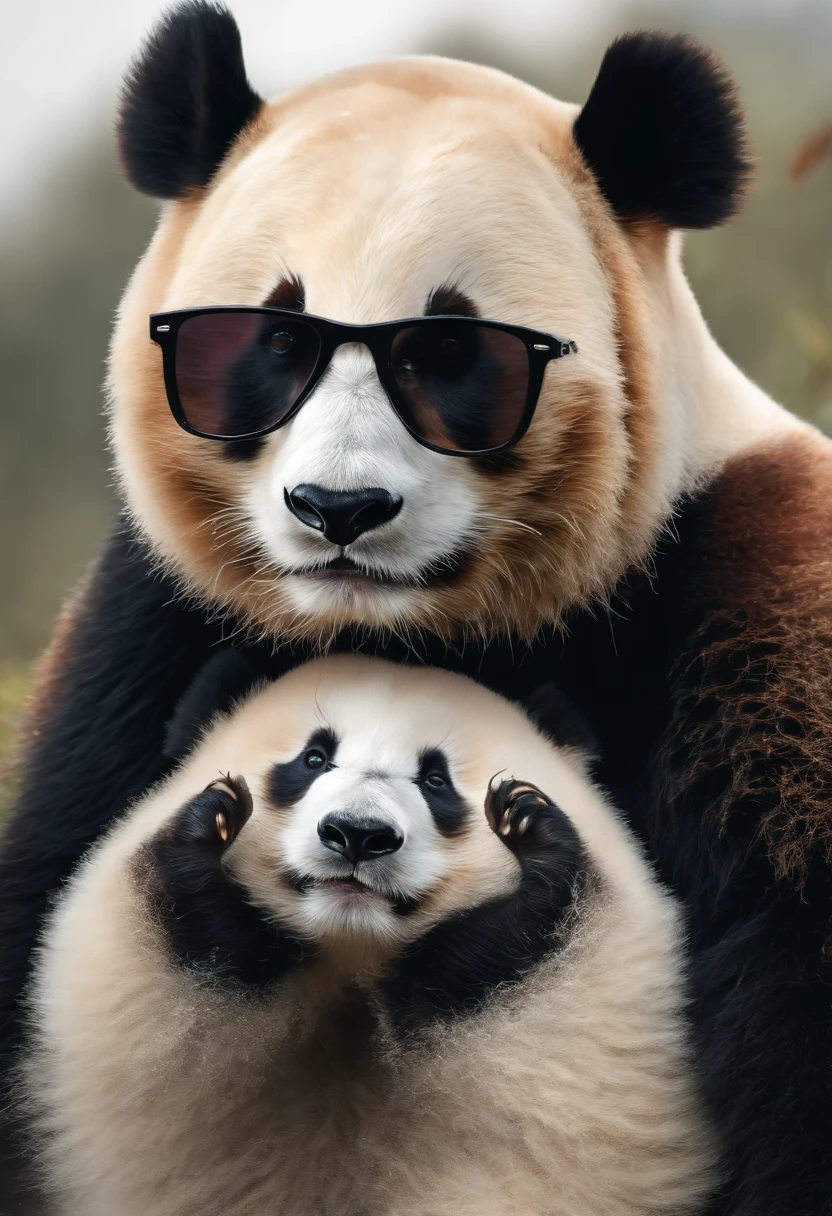 Perfect centralization, urso panda bonito, Use uma jaqueta da equipe de estudantes, wearing sunglasses, Usando fones de ouvido, alegria, Standing position, beleza abstrata, Centrado, looking at the camera, Facing the camera, nearing perfection, Dynamic, altamente detalhado, liso, foco nítido, 8k, high-definition resolution, illustration, arte de Carne Griffiths e Wadim Kashin, fundo branco