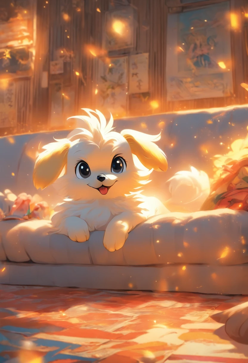 （The whole body is white：1.8），Maltese Miniature White，on a couch，looking at the camera，（Arco de rosto：1.5），Parece muito divertido，biologicamente correto