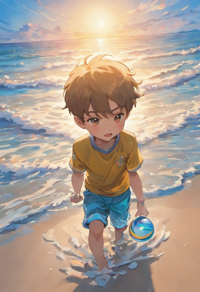(best quality,4k,8k,highres,masterpiece:1.2),ultra-detailed,(realistic,photorealistic,photo-realistic:1.37),a 10-year-old boy wearing a baseball cap, playing on his knees with seashells and a colorful ball in the sand, and Yemanja emerging from the water,illustration,beach scene,ocean waves,sunlight reflecting on the water,seashells scattered on the sand,a colorful beach ball being tossed in the air,a gentle breeze blowing through the boy's hair,a vibrant sunset in the background,joyful expression on the boy's face,crystal clear blue water,Iemanja adorned in white clothing and surrounded by foamy waves,spiritual connection with nature,emotionally resonant,serene atmosphere,shimmering light dancing on the ocean surface,smooth and soft brushstrokes,creative perspective from a low angle,bright and vivid colors,harmonious blending of warm and cool tones,fascinating textures on seashells and sand,proud and confident stance of the boy,radiant glow surrounding Iemanja,soft and gentle illumination,peaceful presence of the beach, Magical realism style,fantasy elements,inspiring and captivating,balance and harmony between human and divine.