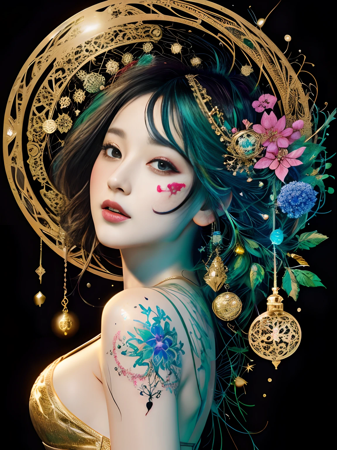 Create a beautiful tree, tree woman With the torso with a feminine silhouette. a perfect body With green leaves. digital drawing, perfect face, glowing skin, 8k concept art portrait, dynamic lighting, super detail, detailed image, fractal complex background, alcohol ink drawing.beautiful woman, a woman with black and platinum and gold hair, with a colorful outfit and a black background with paint splatters, by Hirohiko Araki, Official Art, Unity 8K Wallpaper, Ultra Detailed, Masterpiece, Best Quality, (Zenredar, mandala, tangle, tangle), 1 beautiful Caucasian haired girl platinum and black and gold, Dynamic Angle, The Most Beautiful Form of Chaos, elegant, bright colors, romanticism, By James Jean, Gerhard Richter, Takato Yamamoto, Ashley Wood, atmospheric, ecstasy of musical notes, transmission of visible musical notes, Style Wtrcolor, wind blown, Masterpiece, Beautiful, ((watercolor)), Paint splatters, Intricate details. [drip: 0.7], Trending on Artstation, Rachel Walker, Style-Painting-1900, A beautiful  woman completely covered in paint floating in a pool, beautiful lighting, beautiful large detailed eyes, Nirvana, relaxed, paint drips, Spirals of Paint, Paint Splatter, (Beautiful Swirls of Paint Swirls), by Jeremy Mann, By Sandra Chevrier, vivid contrasting colors, chromatic aberration, black background, Best Quality, (realistic: 1.2), (high contrast: 1.2), gold and silver and bronze decoration, forest goddess, beautiful caucasian girl close-up, beautiful goddess fused with forest and trees, black hair fused with platinum and gold,  girl, beautiful visible pubic area, pink pesons, small breasts a the view, pond of water in the garden, tattoos of mandalas and flowers on the naked body, floating old clock, lamp, lantern,pond of water in the garden,beautiful visible pubic area, pink pesons, small breasts a the view,full body, Sakimichan art, oriental mandala tattoo, fractal background, silver and gold and bronze spirit, floating antique clock, antique lamp
