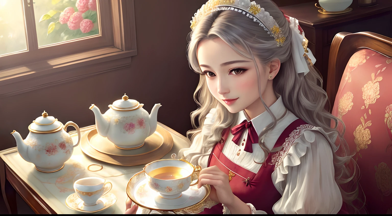 Chikoi the maid, detailed eyes, detailed lips, medium:oil painting, elegant dress, floral patterns, neatly combed hair, silver tray, ceramic teacups, polished teapot, soft lighting, vibrant colors, joyful expression, cozy living room, warm sunlight, best quality, highres, realistic