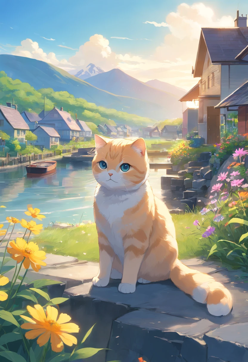 scottish fold cat, lakeside, the background is houses, nowy mountain, wild flower