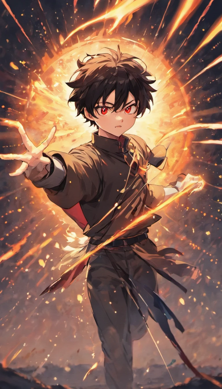 A painting that shows a red-eyed 20-year-old black-haired protagonist with energy and stimuli of power around him in a sunset of a victory of a great battle with his two swords on the ground, with glowing particles dancing around you and your cute wolf with bright blue fur
