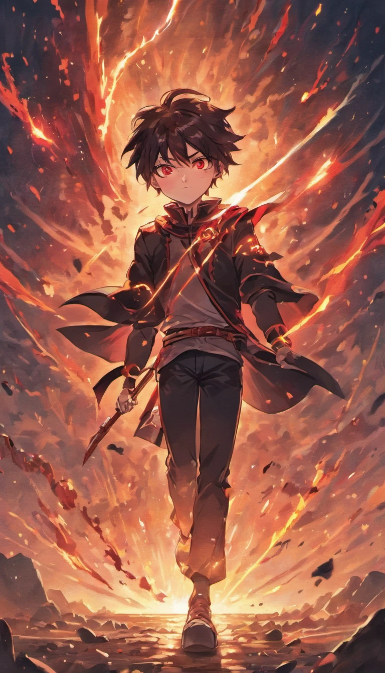A painting that shows a red-eyed 20-year-old black-haired protagonist with energy and stimuli of power around him in a sunset of a victory of a great battle with his two swords on the ground, with glowing particles dancing around you and your cute wolf with bright blue fur