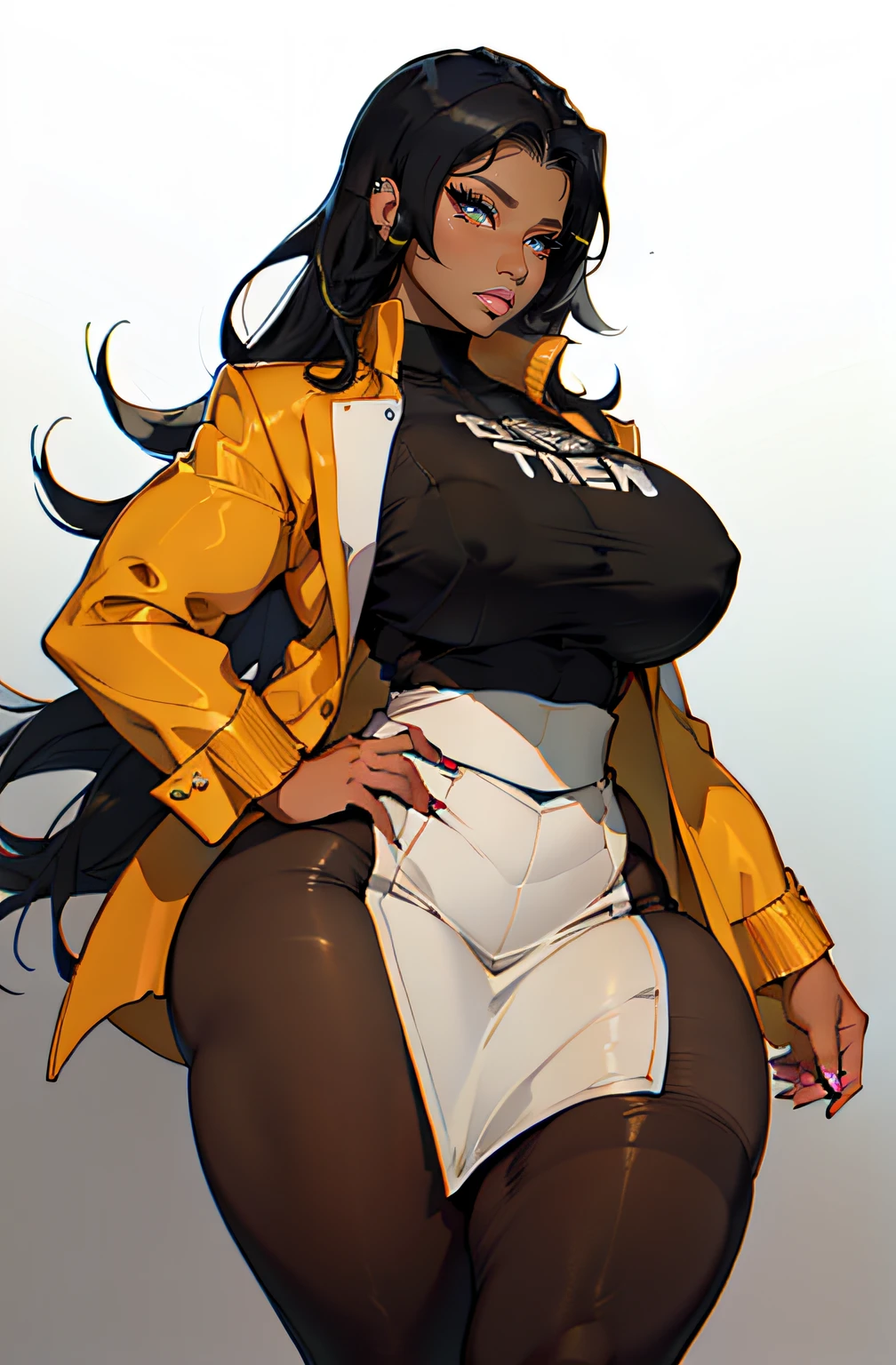 dark skin ((1 girl)) ((((muscular)))), ((huge tits)) ((thick thighs)) ((wide hips)) ((toned body)) ((curvy)) (thick thighs)) (dark skin) black hair very long hair yellow eyes angry ( blazer white shirt pantyhose pencil skirt)