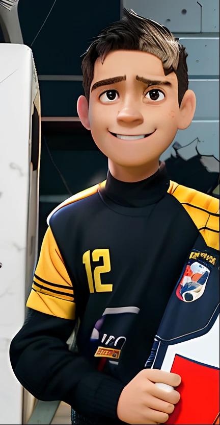 Retrato de um de 7 anos com roupa de goleiro preto e amarelo,, meio corpo, olhando para o telespectador, sorrindo, estilo chibi, cenario de futebol, fundo desfocado, profundidade de campo, detalhado, desenho animado, desenho com tracos do desenhista alex ross, unreal engine, qualidade pixar 8k