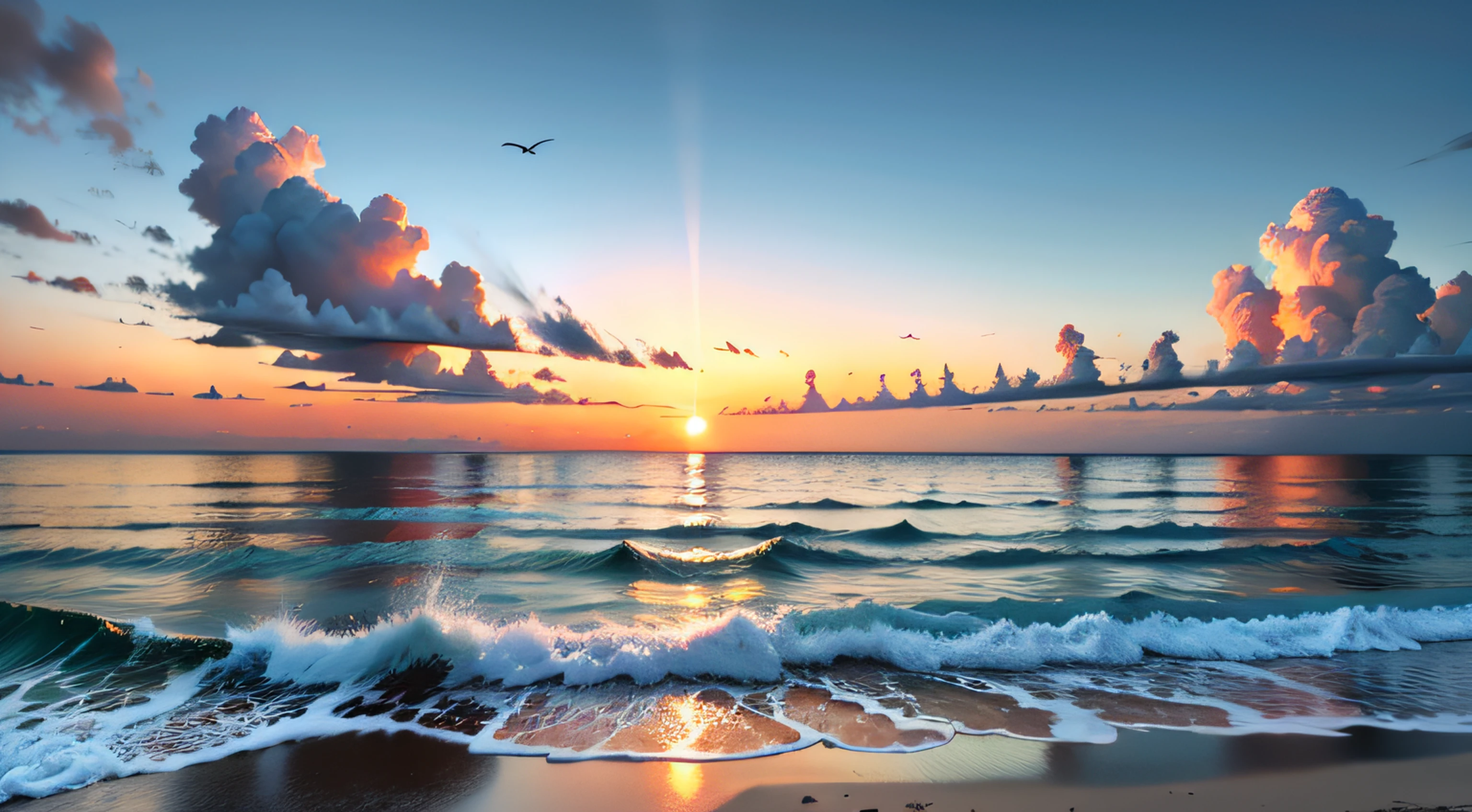 An absolutely mesmerizing sunset over the beach, with a blend of oranges, pinks, and yellows filling the sky. Crystal-clear waters of the sea gently kissing the shore, with sandy white beach stretching far and wide. The scene is dynamic and breathtaking, with seagulls soaring high in the sky and gently swaying palm trees. Take in the calming atmosphere and let the peacefulness wash over you.