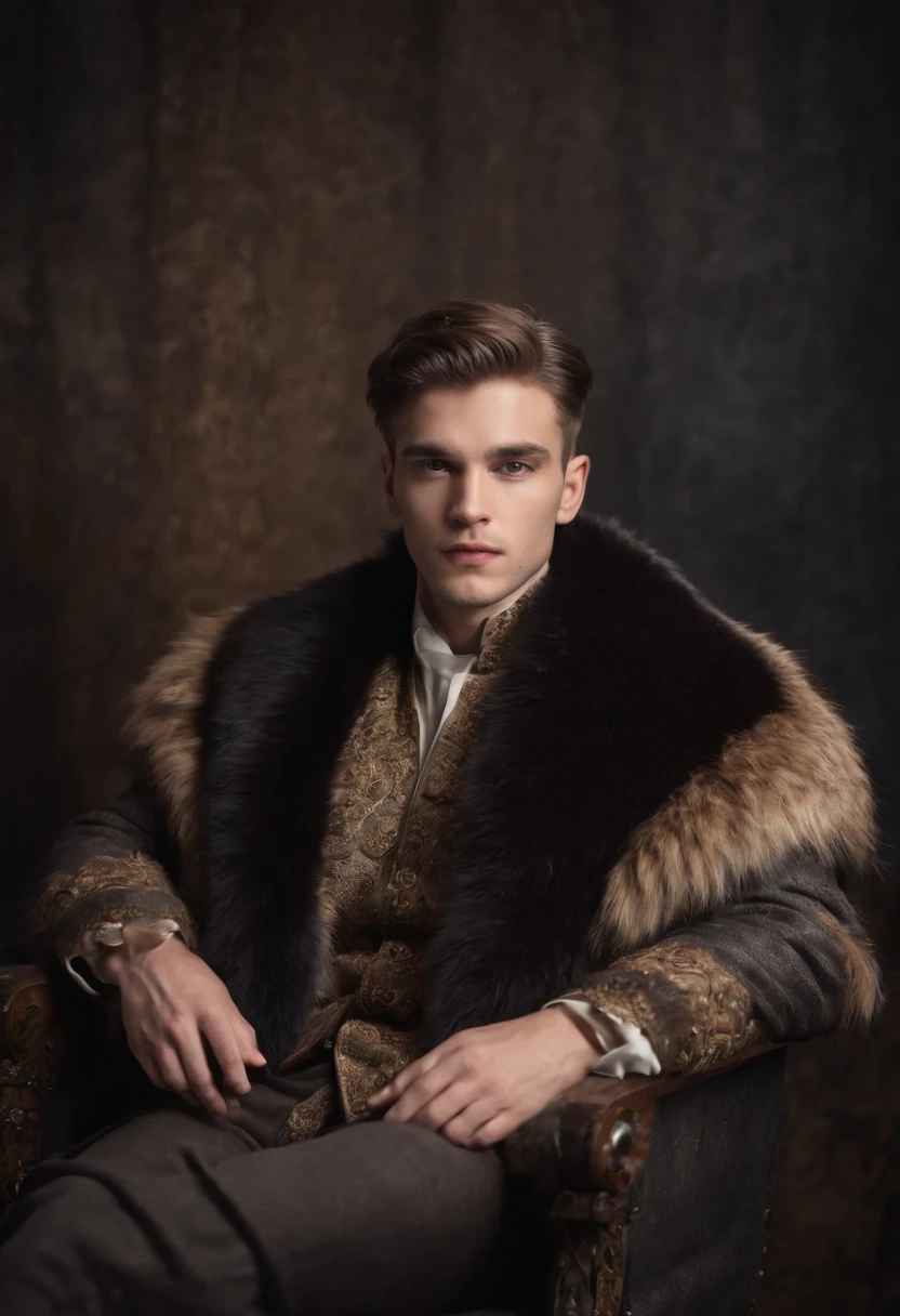 Young man wearing a jacket and over it a large fur king's jacket that descends to the ground seated on a majestic throne , on dark D background with royal décor, in a very realistic style, Full photograph, Eyes looking straight into the camera, photo de face