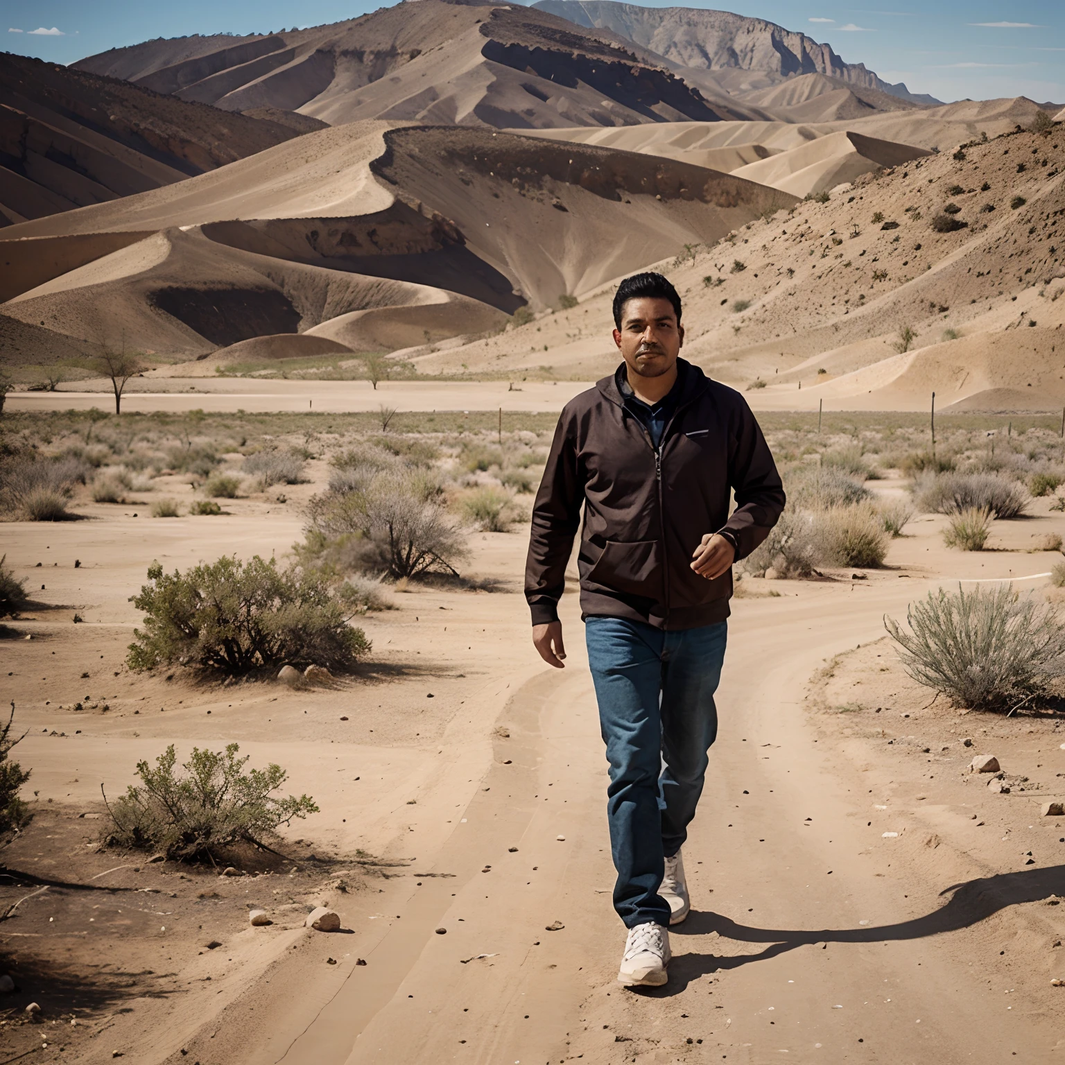 Mexican guy walking though a desert