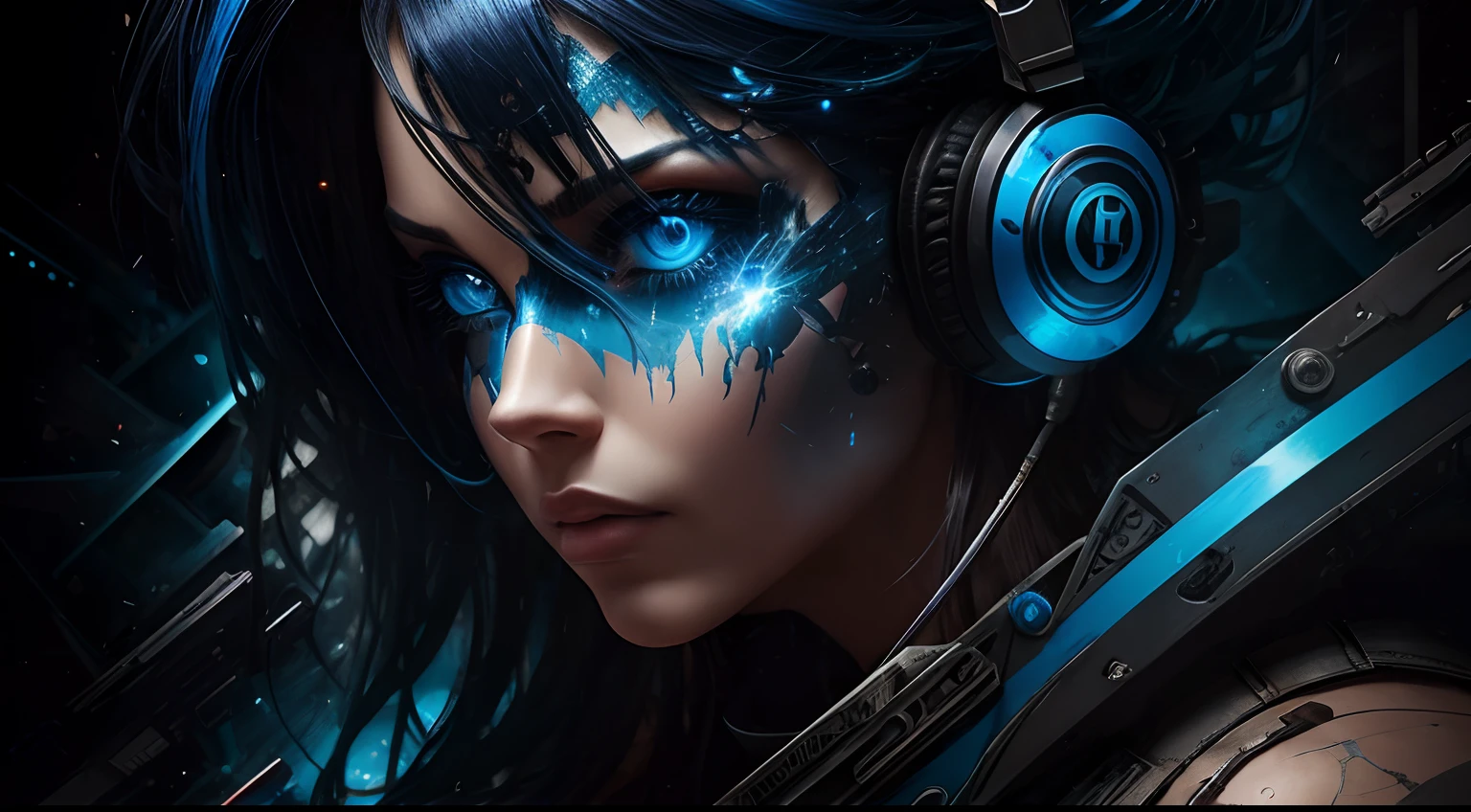 3D Puzzles , Looks de beleza , cabelo azul, Ogiva explosiva, machine parts embedded into face, volatile, dramatic artwork, photomanipulation, photo manipulation, Disintegration,, explosion of data fragments, Humph, Arte Oficial, Incredible high details, arte do photoshop, Noise effect, em cor azul escuro. Futurismo. furto. Explosion of lights, headset on the head, guitarra, rock. guns n' roses