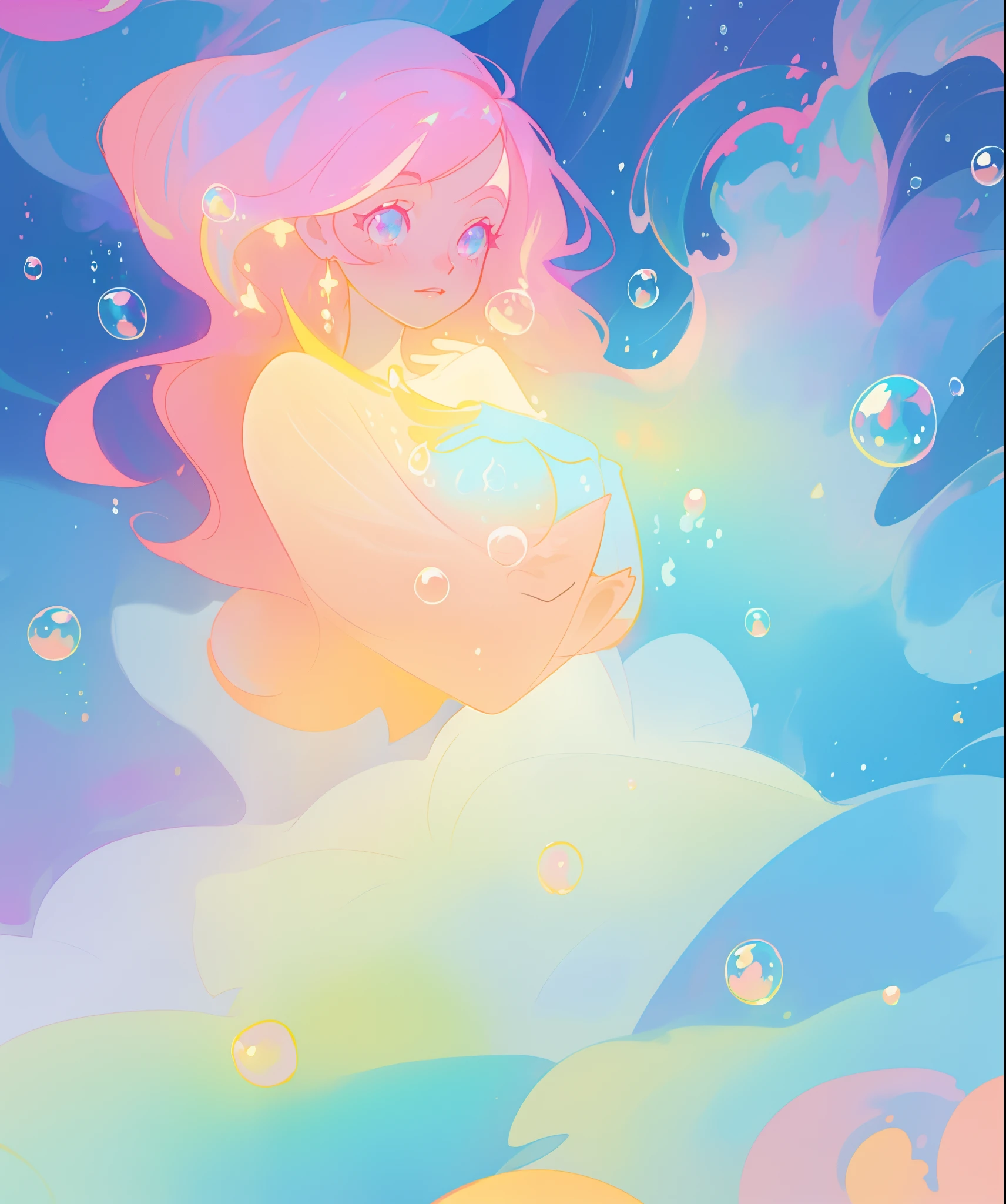 beautiful anime girl in colorful liquid dress, vibrant pastel colors, flowing long pink peach hair, beautiful white layered ballgown, (colorful), magical lights, sparkling lines of light, inspired by Glen Keane, inspired by Lois van Baarle, disney art style, by Lois van Baarle, glowing aura around her, by Glen Keane, jen bartel, glowing lights! digital painting, flowing glowing hair, glowing flowing hair, beautiful digital illustration, fantasia background, whimsical, magical, fantasy, beautiful face, ((masterpiece, best quality)), intricate details, highly detailed, sharp focus, 8k resolution, sparkling detailed eyes, liquid watercolor, (((bubbles)))