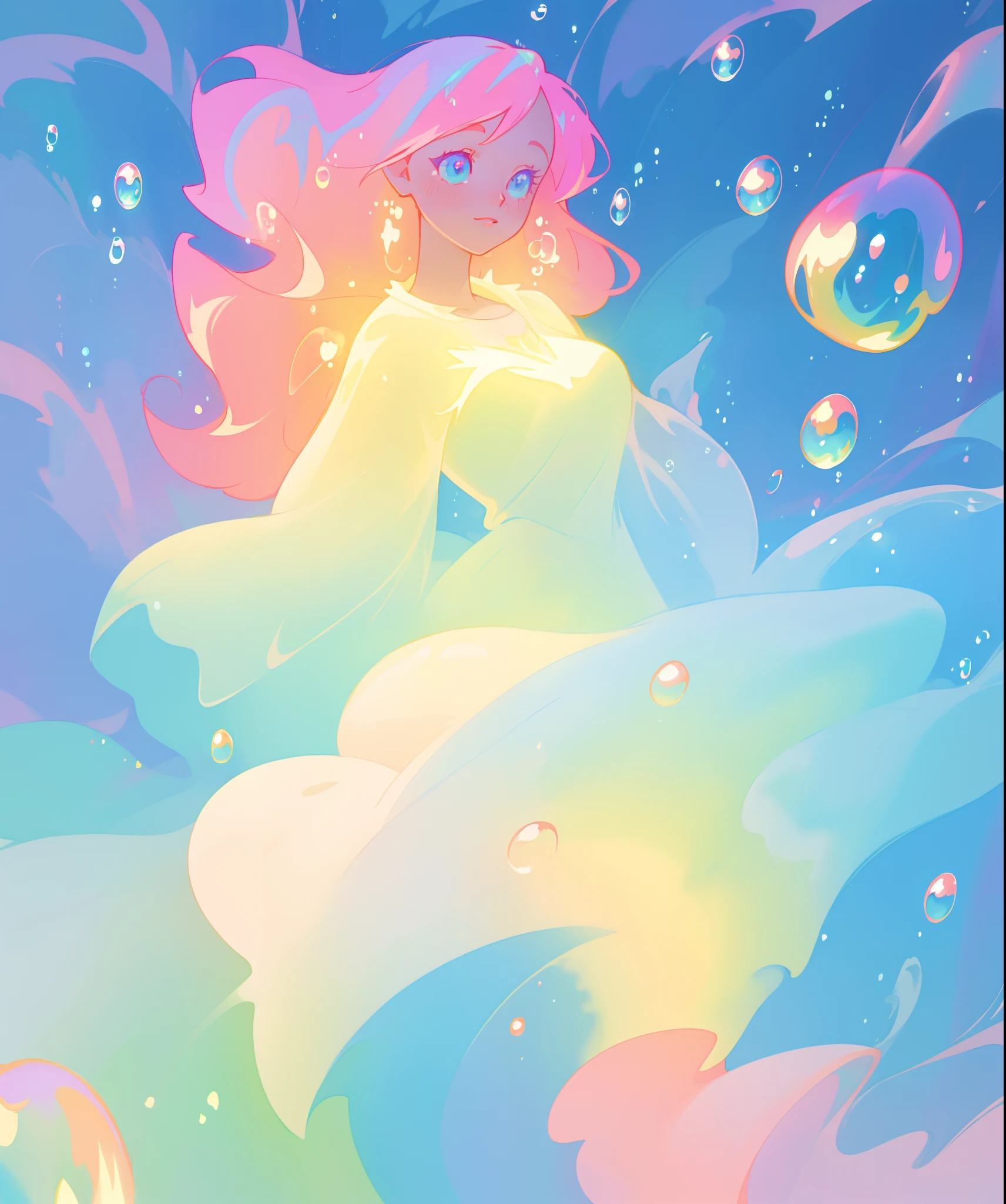beautiful anime girl in colorful liquid dress, vibrant pastel colors, flowing long pink peach hair, beautiful white layered ballgown, (colorful), magical lights, sparkling lines of light, inspired by Glen Keane, inspired by Lois van Baarle, disney art style, by Lois van Baarle, glowing aura around her, by Glen Keane, jen bartel, glowing lights! digital painting, flowing glowing hair, glowing flowing hair, beautiful digital illustration, fantasia background, whimsical, magical, fantasy, beautiful face, ((masterpiece, best quality)), intricate details, highly detailed, sharp focus, 8k resolution, sparkling detailed eyes, liquid watercolor, (((bubbles)))