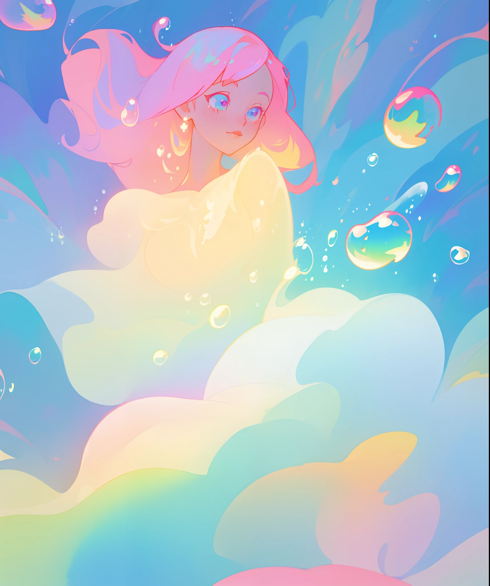 beautiful anime girl in colorful liquid dress, vibrant pastel colors, flowing long pink peach hair, beautiful white layered ballgown, (colorful), magical lights, sparkling lines of light, inspired by Glen Keane, inspired by Lois van Baarle, disney art style, by Lois van Baarle, glowing aura around her, by Glen Keane, jen bartel, glowing lights! digital painting, flowing glowing hair, glowing flowing hair, beautiful digital illustration, fantasia background, whimsical, magical, fantasy, beautiful face, ((masterpiece, best quality)), intricate details, highly detailed, sharp focus, 8k resolution, sparkling detailed eyes, liquid watercolor, (((bubbles)))