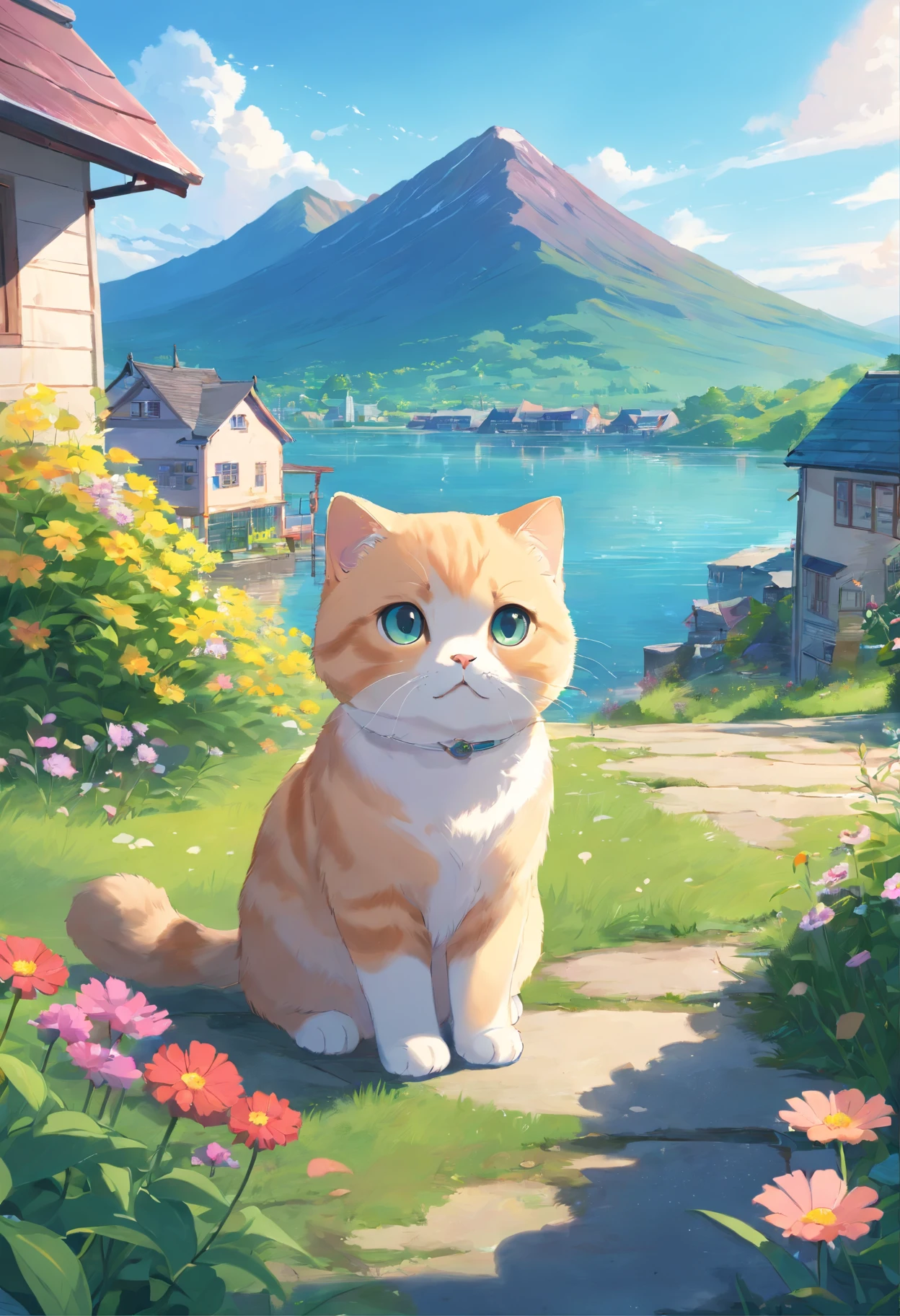 scottish fold cat, lakeside, the background is houses, nowy mountain, wild flower