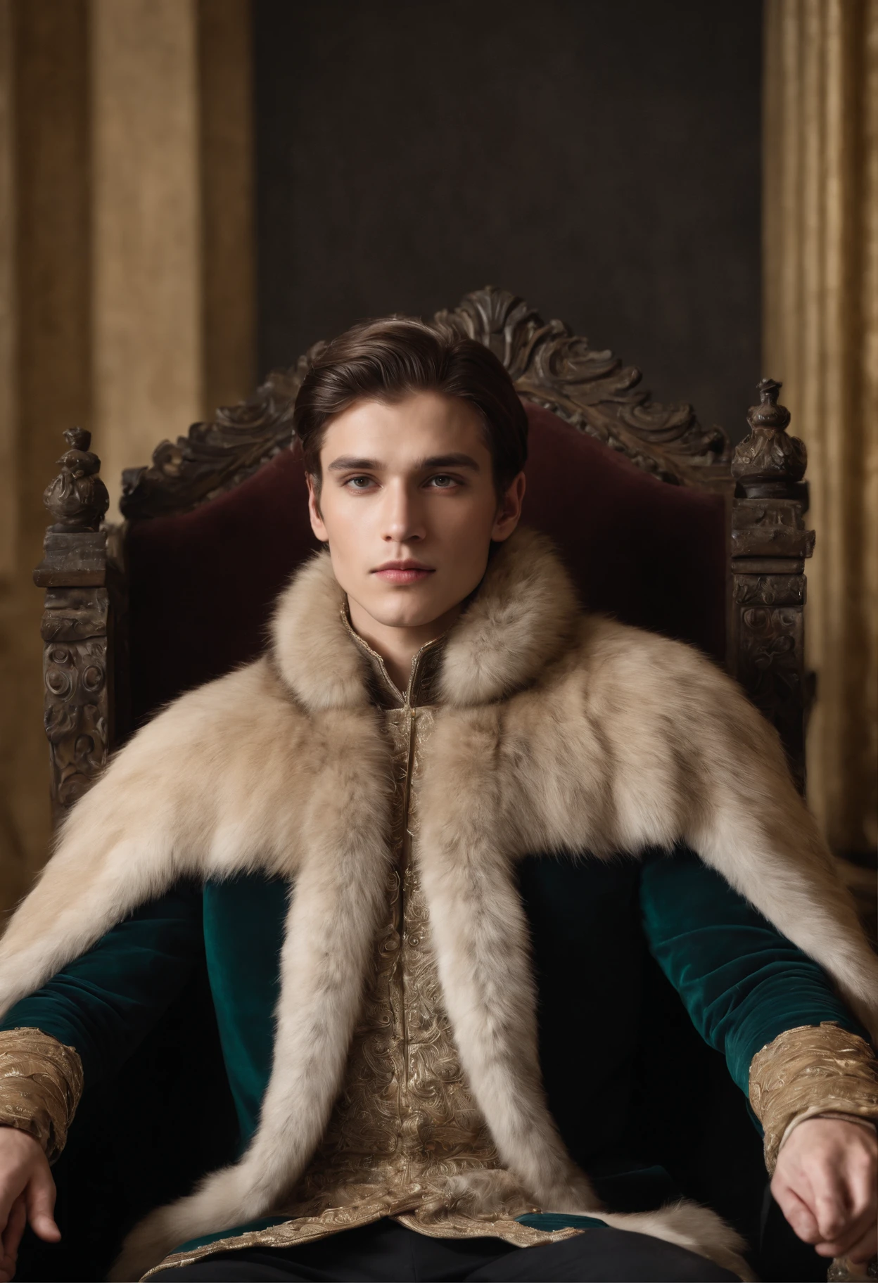Young man wearing a jacket and over it a large fur king's jacket that descends to the ground seated on a majestic throne , on dark D background with royal décor, in a very realistic style, Full photograph, Eyes looking straight into the camera, photo de face