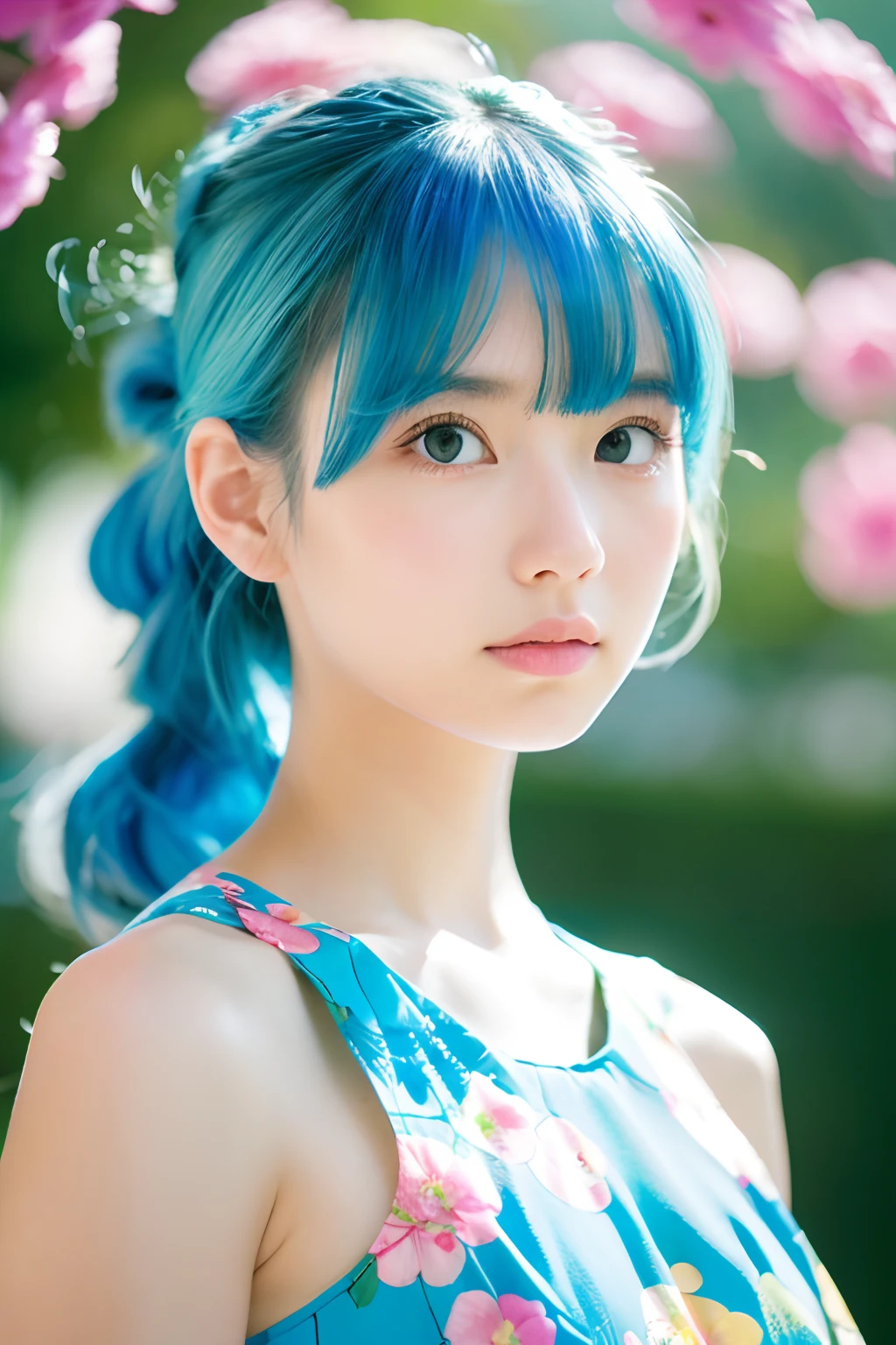 {{masterpiece}}, {{highest quality}}, {{Super detailed}}, {{illustration}}, cinematic lighting,beautiful delicate shine, dynamic angle, Depth of bounds written, light_leak, wonderful, fine details, 4k, 8K, japanese idol, blue hair, Elegant model, azure sky, floral field, green meadow, serene look, radiant warm hues, natural charm,  blue bura, curl hair, nsfw,