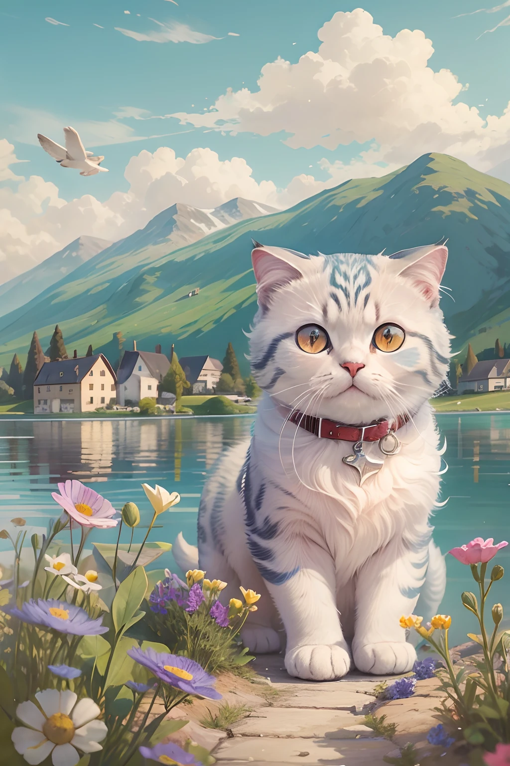 scottish fold cat, lakeside, the background is houses, nowy mountain, wild flower