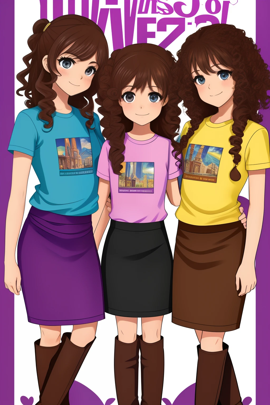 masterpiece,colorful,best quality,crowd, +100girls,group shot, sisters, mature female, hazel eyes, highres, looking at viewer,standing, (purple t-shirt, short sleeves, black pencil skirt, brown knee high boots, heeled boots), brown hair, curly hair, hands in pockets, full body