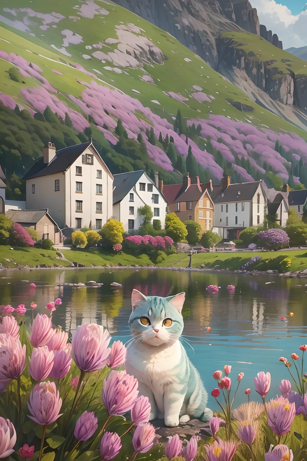 scottish fold cat, lakeside, the background is houses, nowy mountain, wild flower
