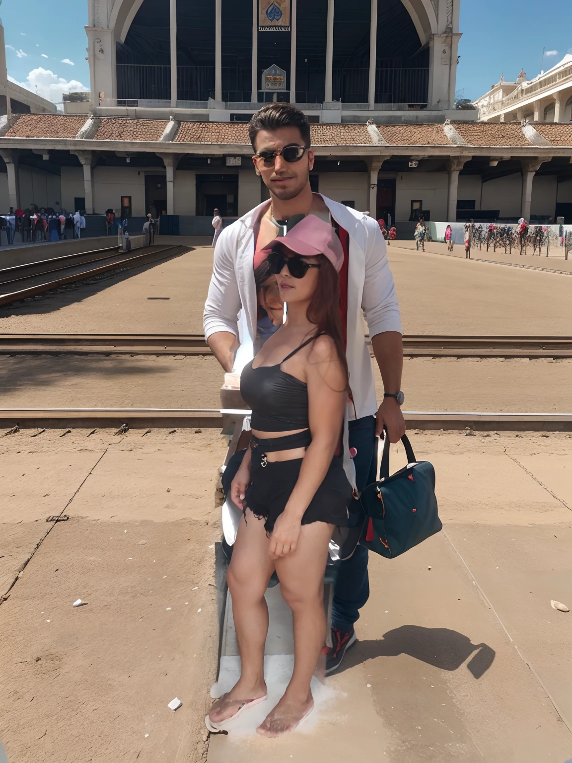 Senario De festival de parintins in front of the entrance of the onçodromo looking at a handsome man healed on the track