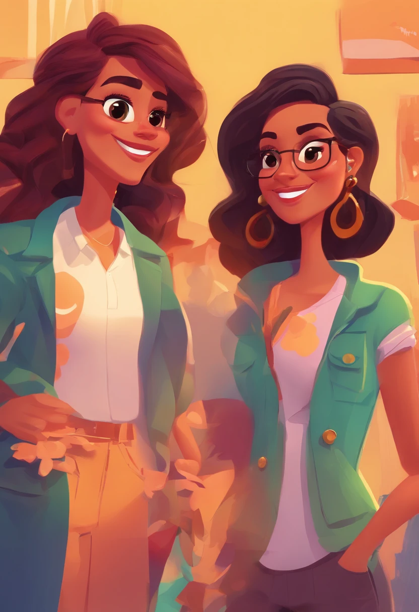 An illustration of a lesbian couple, Destaque para uma mulher negra de cabelo roxo cacheado cheio,  e de olhos castanhos e uma mulher branca com lindos olhos expressivos verdes e seu cabelo preto canheado cheio, com merchas azuis escuro -  . They are a bright room, cada um com um sorriso no rosto, e compartilhar um momento especial caracterizado pelo amor, Insights. Illustrate this scene from a perspective where they are facing the camera, Smiling looking at each other holding hands showing their connection. Desenvolva esta arte em Full HD, Focus on your cinematic touch, Estilo Disney Pixar Animations