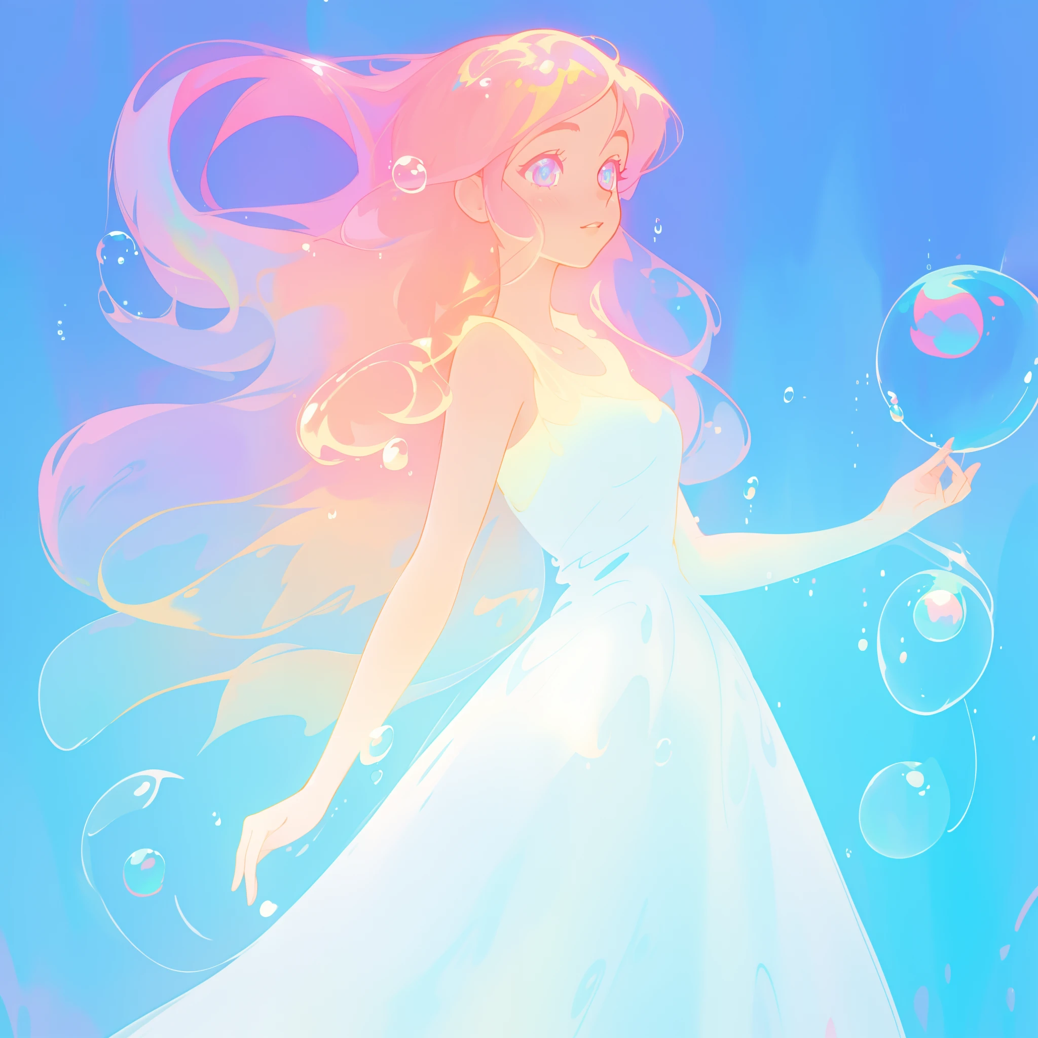 beautiful anime girl in colorful liquid dress, vibrant pastel colors, flowing long pink peach hair, beautiful white layered ballgown, (colorful), magical lights, sparkling lines of light, inspired by Glen Keane, inspired by Lois van Baarle, disney art style, by Lois van Baarle, glowing aura around her, by Glen Keane, jen bartel, glowing lights! digital painting, flowing glowing hair, glowing flowing hair, beautiful digital illustration, fantasia background, whimsical, magical, fantasy, beautiful face, ((masterpiece, best quality)), intricate details, highly detailed, sharp focus, 8k resolution, sparkling detailed eyes, liquid watercolor, (((bubbles)))