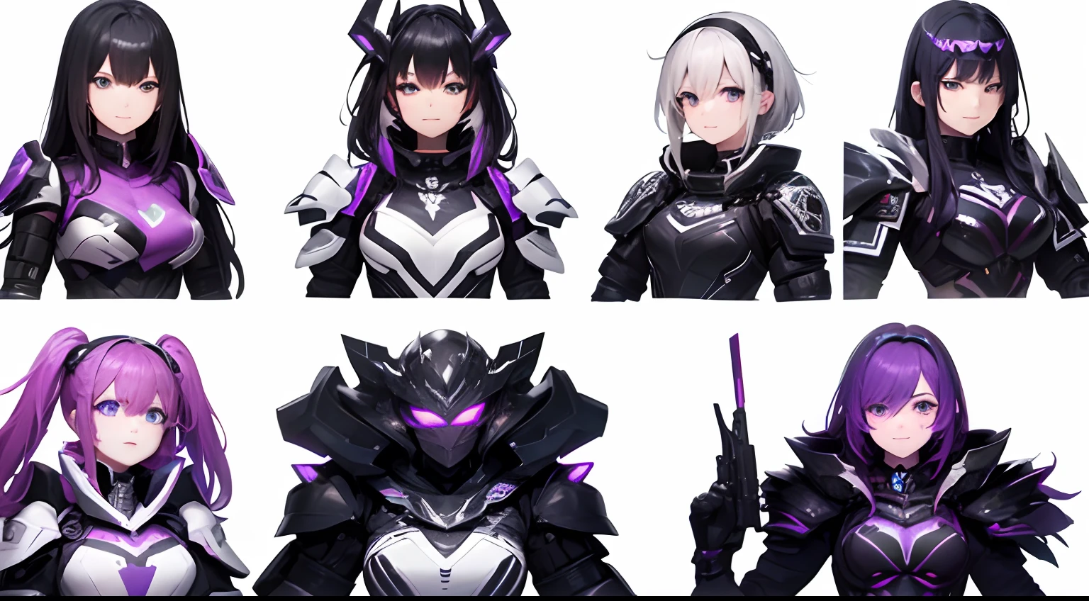 A team of five girls: Camera in the distance, futuristic style, wicked smile, Black and white armor with a neon purple pattern on the armor around the edges, lettering "Tears Frontage" Above them, whitebackground