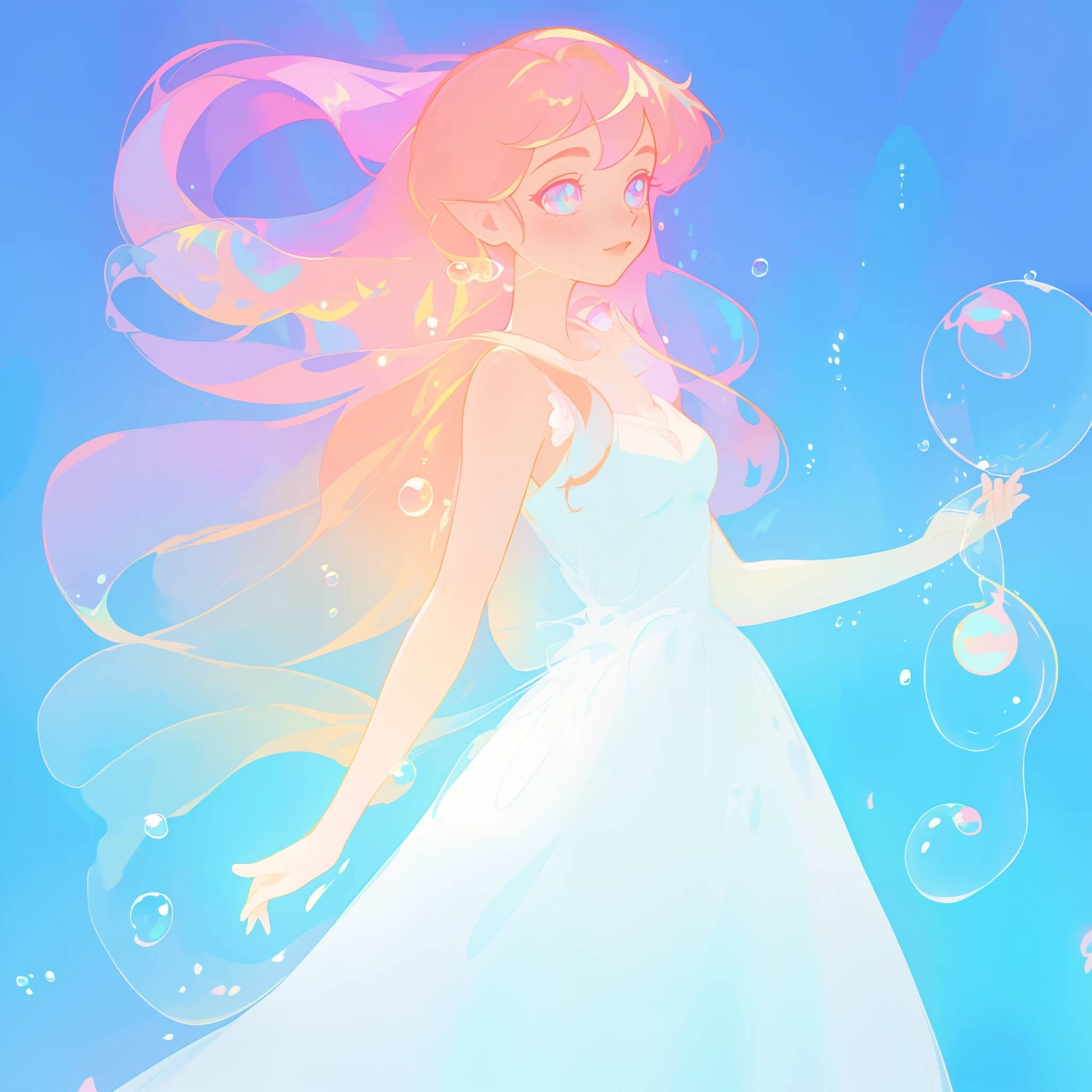 beautiful anime girl in colorful liquid dress, vibrant pastel colors, flowing long pink peach hair, beautiful white layered ballgown, (colorful), magical lights, sparkling lines of light, inspired by Glen Keane, inspired by Lois van Baarle, disney art style, by Lois van Baarle, glowing aura around her, by Glen Keane, jen bartel, glowing lights! digital painting, flowing glowing hair, glowing flowing hair, beautiful digital illustration, fantasia background, whimsical, magical, fantasy, beautiful face, ((masterpiece, best quality)), intricate details, highly detailed, sharp focus, 8k resolution, sparkling detailed eyes, liquid watercolor, (((bubbles)))