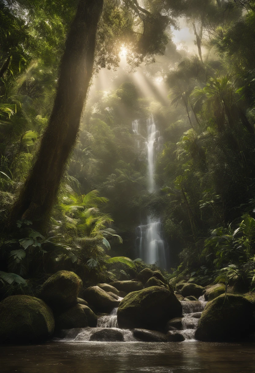 (best quality,4k,8k,Altas,master part:1.2),ultra-detalhado,(Realistic,fotorrealista,photo-realistic:1.37),bela paisagem exuberante da selva,atmosfera serena,cores harmoniosas,Sunshine filtering through the dense foliage,atmosfera matinal enevoada,floating mist,Cachoeira Refrescante,Tall ancient trees with intricate roots,exotic tropical flowers in full bloom,Vibrant wildlife bustling among the trees,Rio tranquilo serpenteando pela selva,Hidden treasures and ancient ruins waiting to be discovered,Ethereal glow illuminating the scene,sons tranquilos da natureza,Paradisiacal scenery,profundidade impressionante e tridimensionalidade,Immaculate attention to detail,pinceladas de estilo impressionista,Legendary and awe-inspiring scene,Aventura na selva chamando as almas ousadas e curiosas
