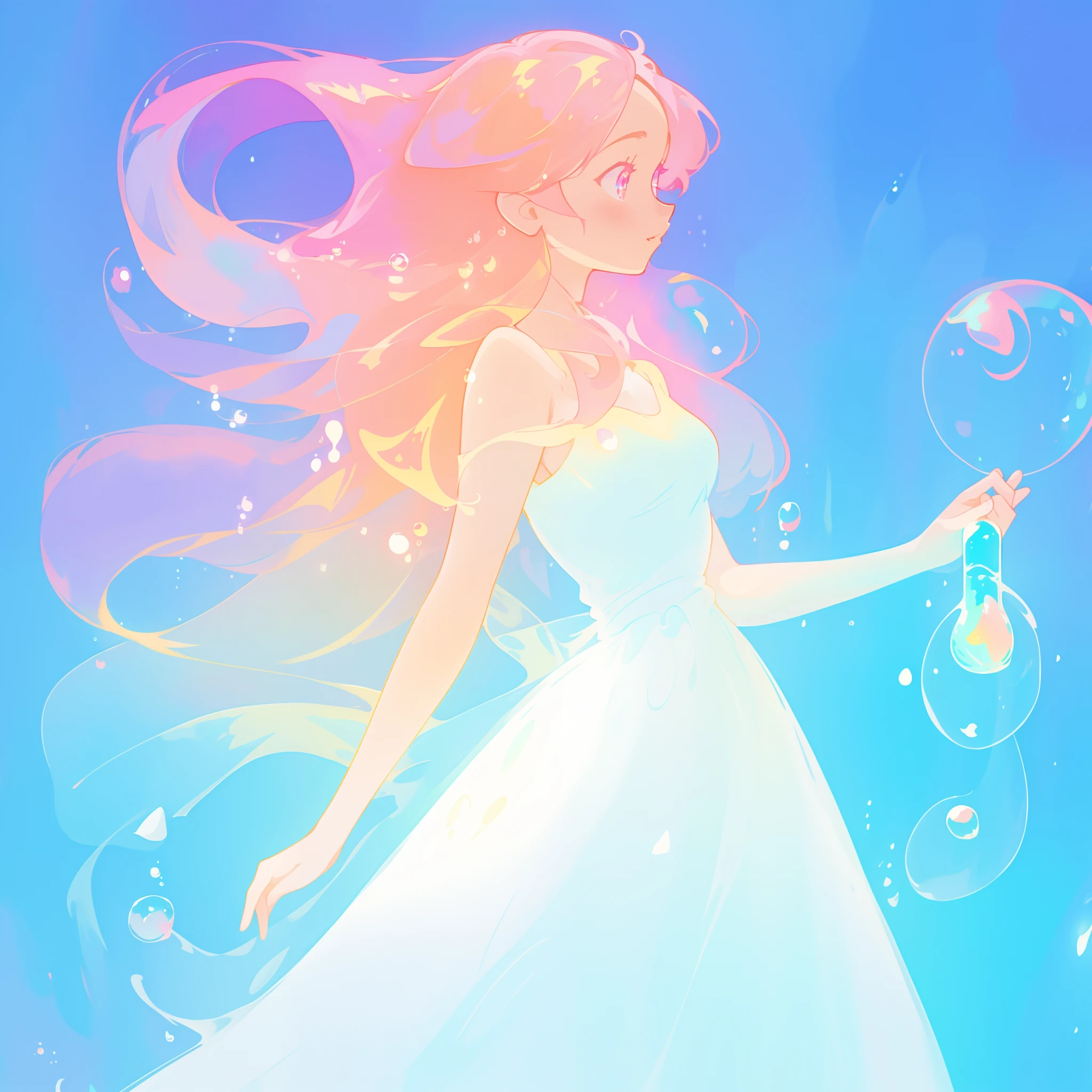 beautiful anime girl in colorful liquid dress, vibrant pastel colors, flowing long pink peach hair, beautiful white layered ballgown, (colorful), magical lights, sparkling lines of light, inspired by Glen Keane, inspired by Lois van Baarle, disney art style, by Lois van Baarle, glowing aura around her, by Glen Keane, jen bartel, glowing lights! digital painting, flowing glowing hair, glowing flowing hair, beautiful digital illustration, fantasia background, whimsical, magical, fantasy, beautiful face, ((masterpiece, best quality)), intricate details, highly detailed, sharp focus, 8k resolution, sparkling detailed eyes, liquid watercolor, (((bubbles)))