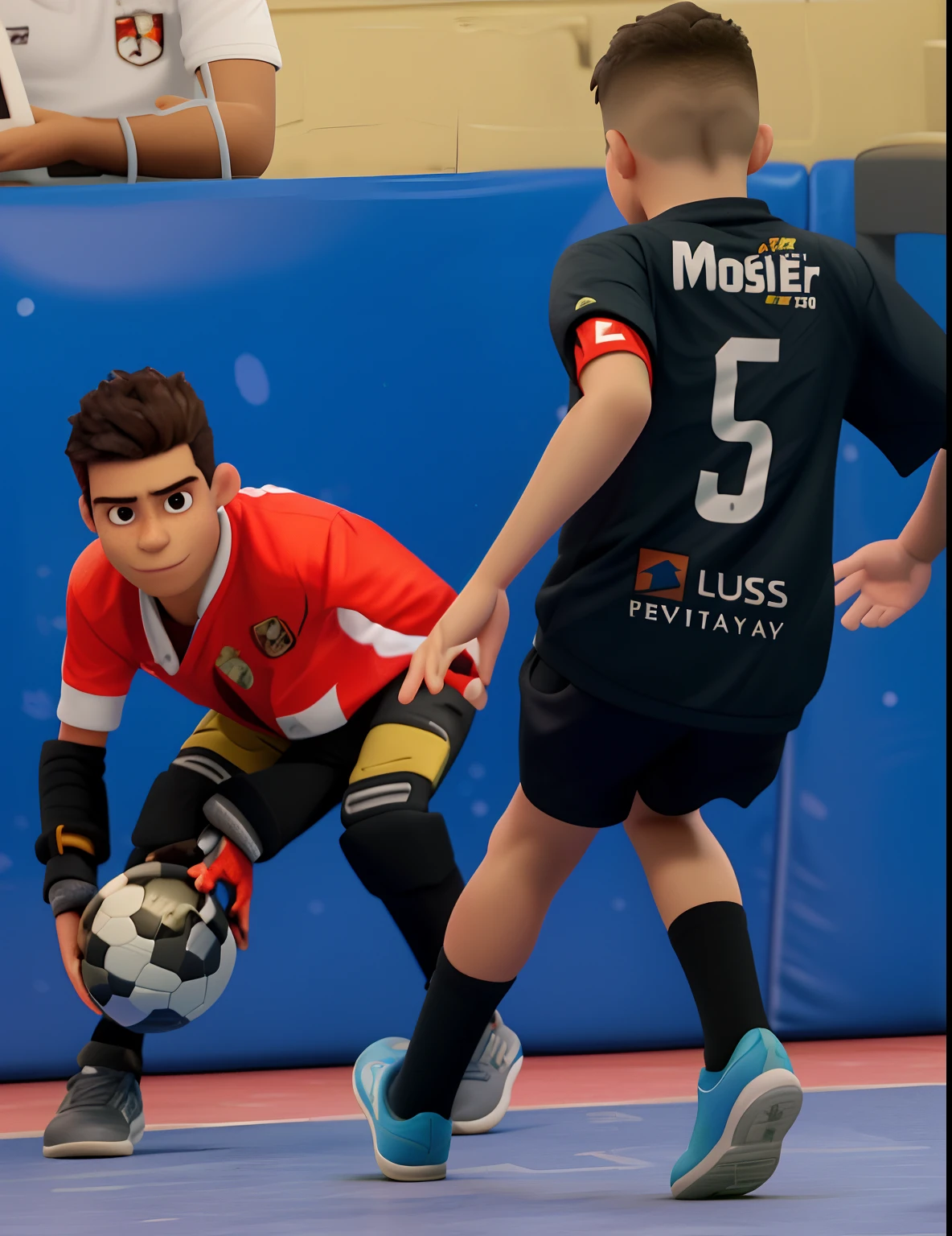 Retrato de um menino de 7 anos com roupa de goleiro preto e amarelo,, meio corpo, olhando para o telespectador, sorrindo, estilo chibi, cenario de futebol, fundo desfocado, profundidade de campo, detalhado, desenho animado, desenho com tracos do desenhista alex ross, unreal engine, qualidade pixar 8k