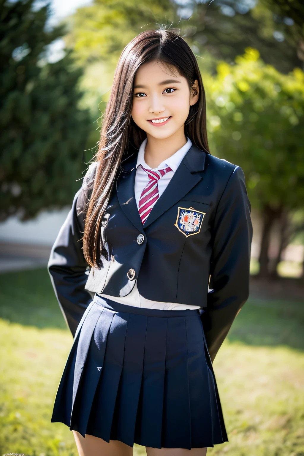 real person, photorealistic, realistic, masterpiece, best quality, 3d, highres, retina, 1girl, ((17yo:1.2)), smile, beautiful, perfect face, beautiful eyes, detailed eyes, lips, black hair, Japanese school uniform, mini skirt, cowboy shot:1.2, in school, depth of field,