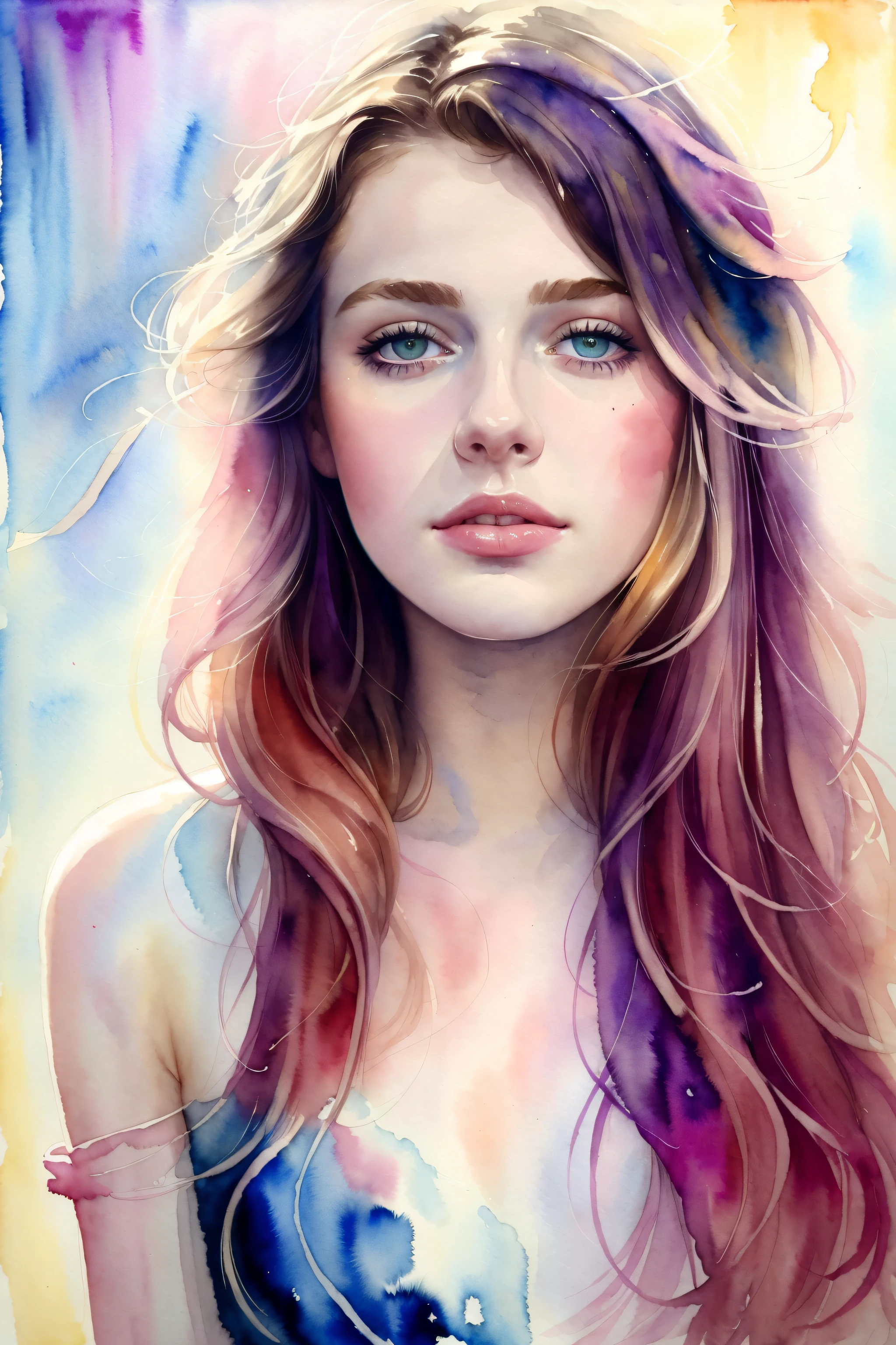 (8k, best quality, masterpiece:1.2),(best quality:1.0), (ultra highres:1.0), watercolour, a beautiful 22 year old french girl with messy shoulder length hair, hair ribbons, by agnes cecile, half body portrait, extremely luminous bright design, pastel colours, (ink:1.3), autumn lights