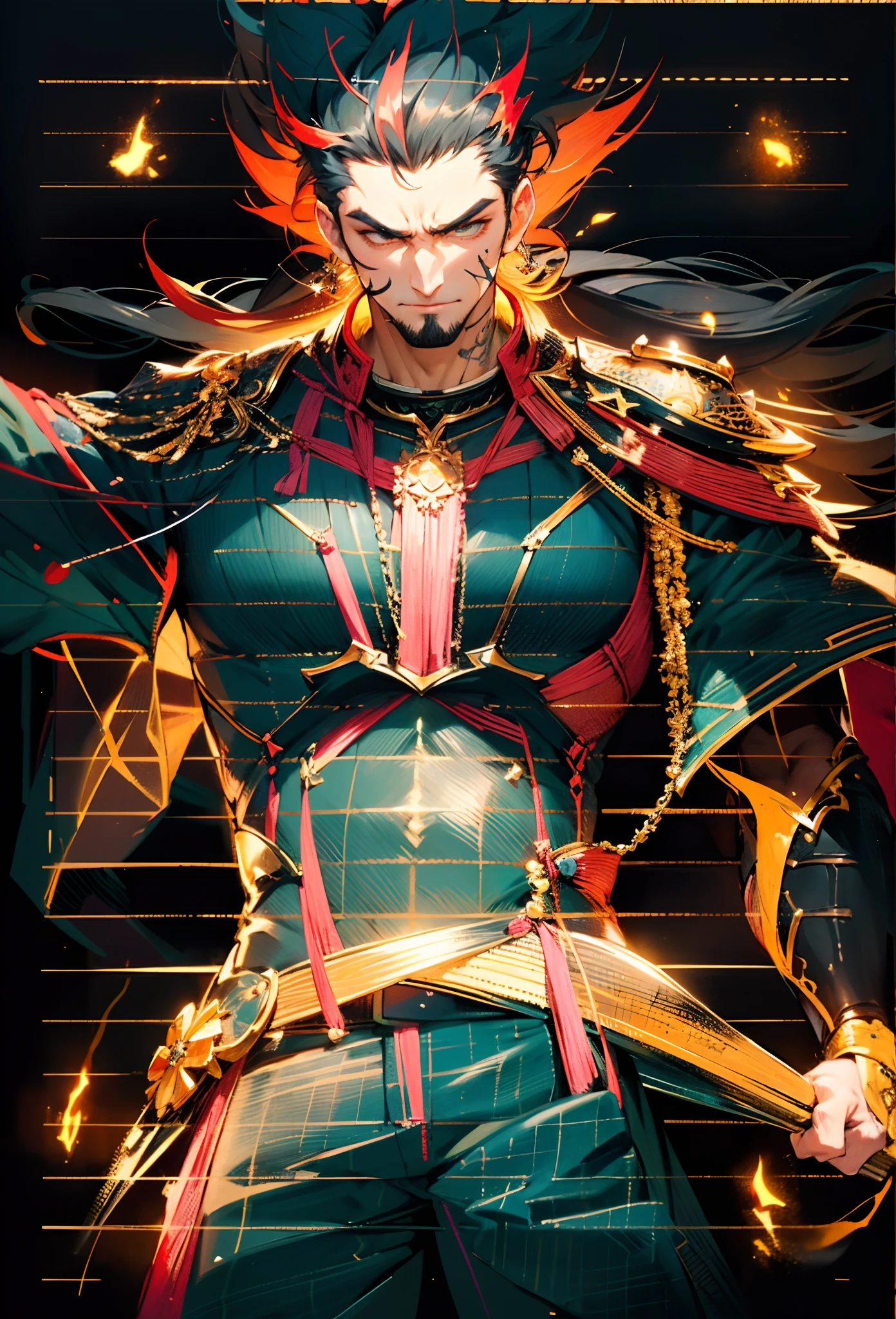 A middle-aged man of about 40, long hair in a striking red and black combination, wild and disheveled hairstyle, a fierce gaze, a confident smile, A lightning-shaped tattoo adorns his left face , a sturdy physique, a majestic fantasy-style coat with short sleeves, a form-fitting scale armor undershirt, wrist guards on his wrists, coarse cloth pants, e stands tall like a divine figure against a background of crumbling earth, with floating debris all around, this character embodies a finely crafted child with a fantasy-style dominant in anime style, characterized by an exquisite and mature manga illustration art style, high definition, best quality, highres, ultra-detailed, ultra-fine painting, extremely delicate, professional, anatomically correct, symmetrical face, extremely detailed eyes and face, high quality eyes, creativity, RAW photo, UHD, 8k, Natural light, cinematic lighting, masterpiece-anatomy-perfect, masterpiece:1.5