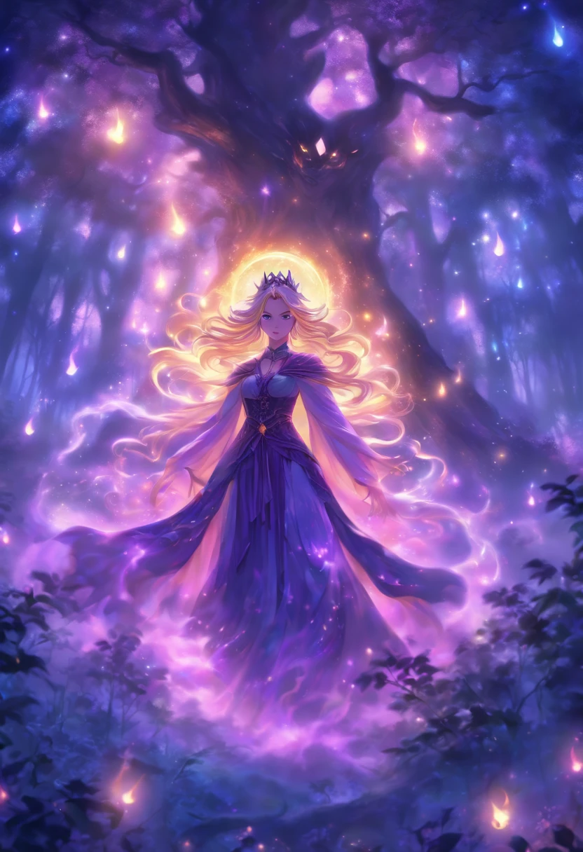 (best quality, highres, ultra-detailed, realistic:1.37), female, glowing purple eyes, long flowing blonde hair, witch, goddess, casting glowing spells, mystical fantasy woods, evil smirk, enchanted atmosphere, hauntingly beautiful, ethereal, dark magic, mesmerizing, captivating, mysterious aura, wisps of magic, moonlit glimmer, ancient power, bewitching presence, enchanting glow, intricate spellcasting, swirling energy, mystical symbols, surreal landscape, majestic trees, vibrant foliage, moonlight filtering through the branches, flickering lights, magical creatures, enchanting melodies, otherworldly whispers, ethereal haze, divinely powerful, aura of darkness, enchanting beauty, spellbinding gaze, magical essence, intoxicating charm, femme fatale, mythical realm, hauntingly seductive, spellbound onlookers