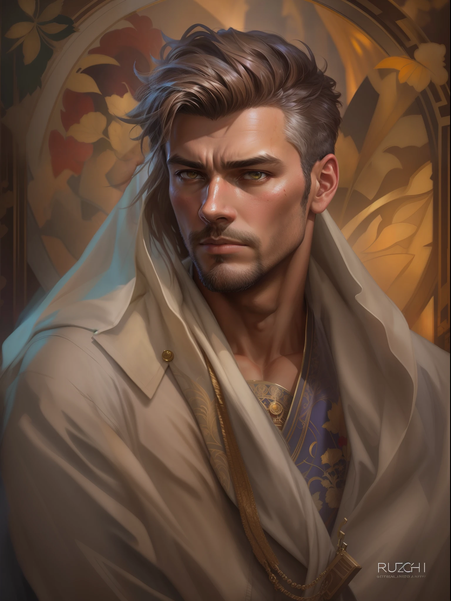 (Masterpiece) An extraordinarily handsome man wrapped in old dirty cloth, wide angle, ((detailed environment)), muscular, fit, heavenly handsome, atractive, very seductive, detailed background, lifelike, ((highly detailed)), ((intricate)), detailed face, natural colors, ((((professionally color graded)))), photorealism, 8k, crisp lighting, trending on tumblr, art by artgerm and greg rutkowski and alphonse mucha and loish and WLOP